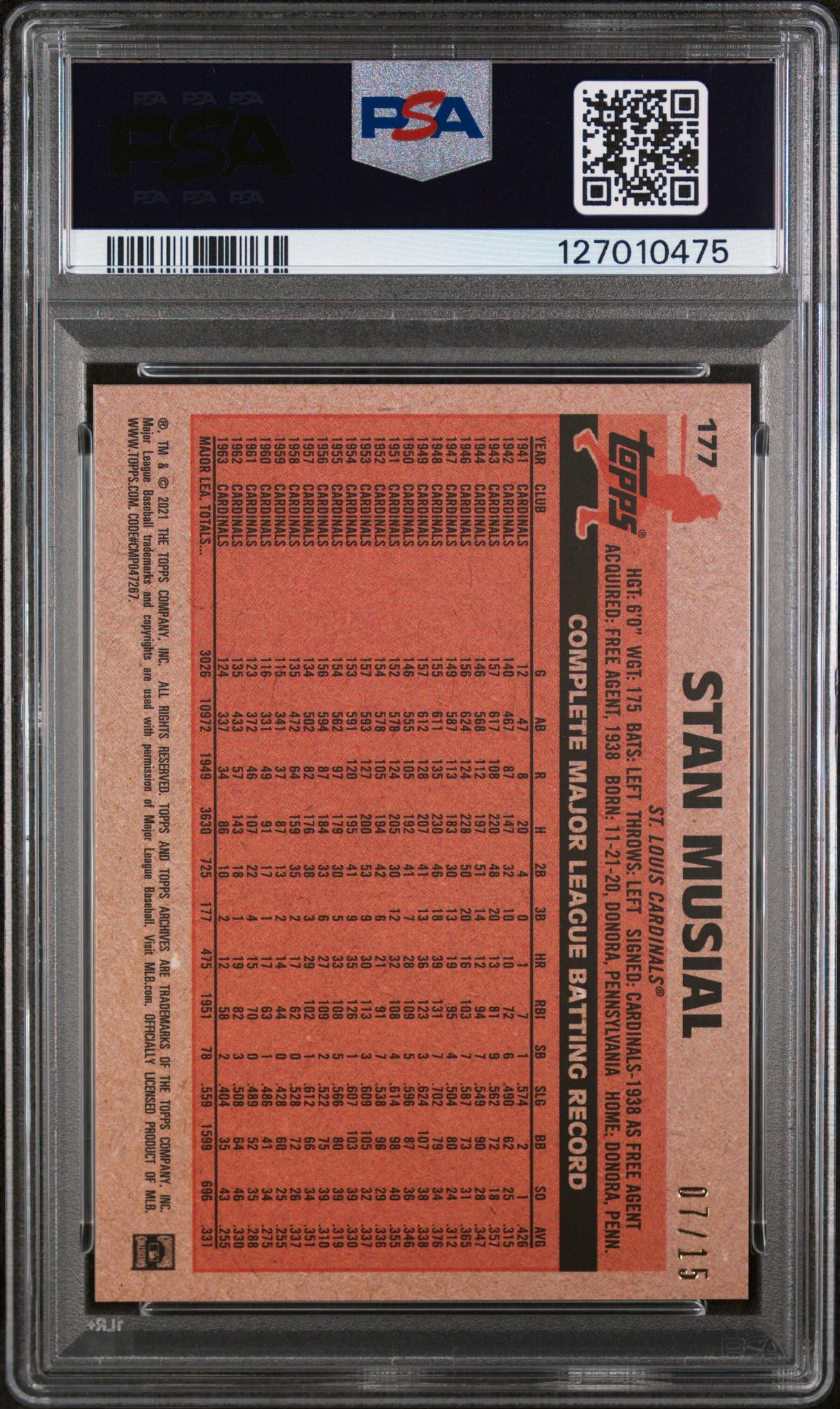 2021 Topps Archives Orange Hot Foil Stan Musial #177 /15 PSA 9