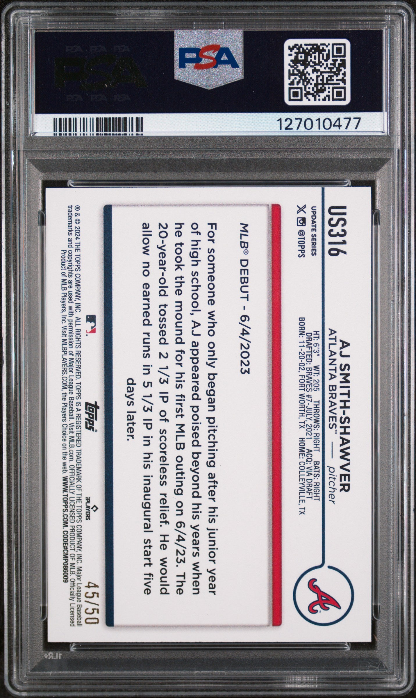 2024 Topps Update Father's Day Powder Blue Aj Smith-Shawver #US316 /50 PSA 9