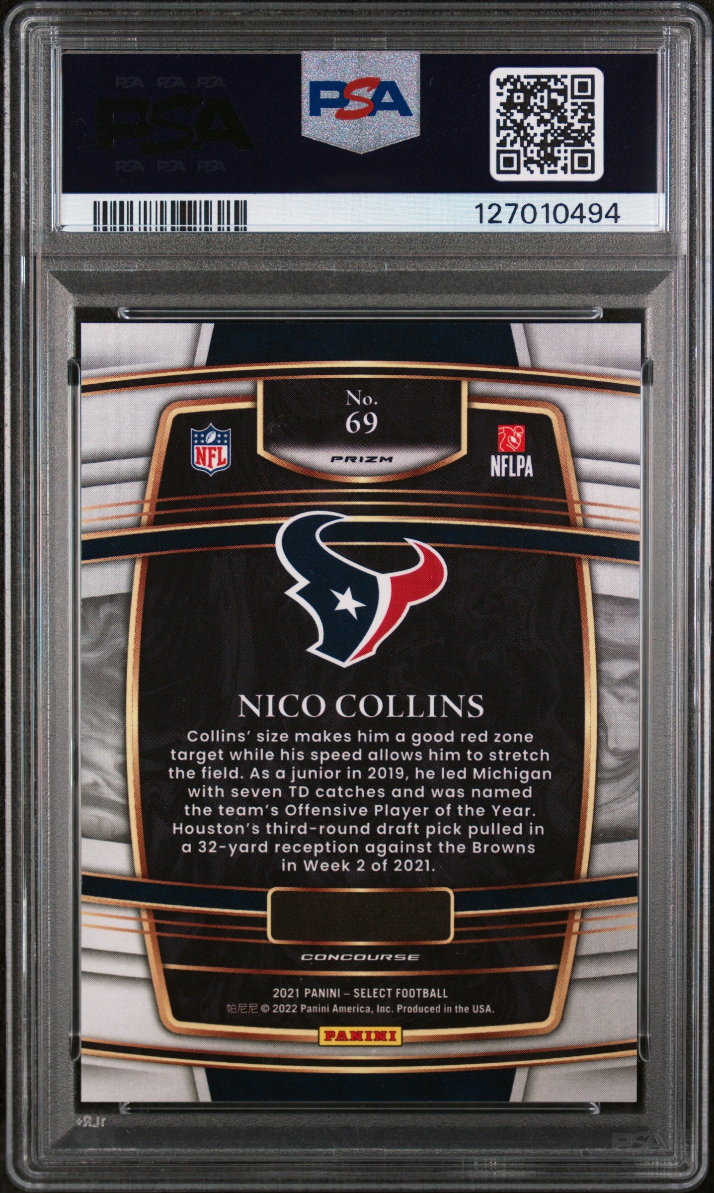 2021 Panini Select Zebra Prizm Nico Collins #69 PSA 9