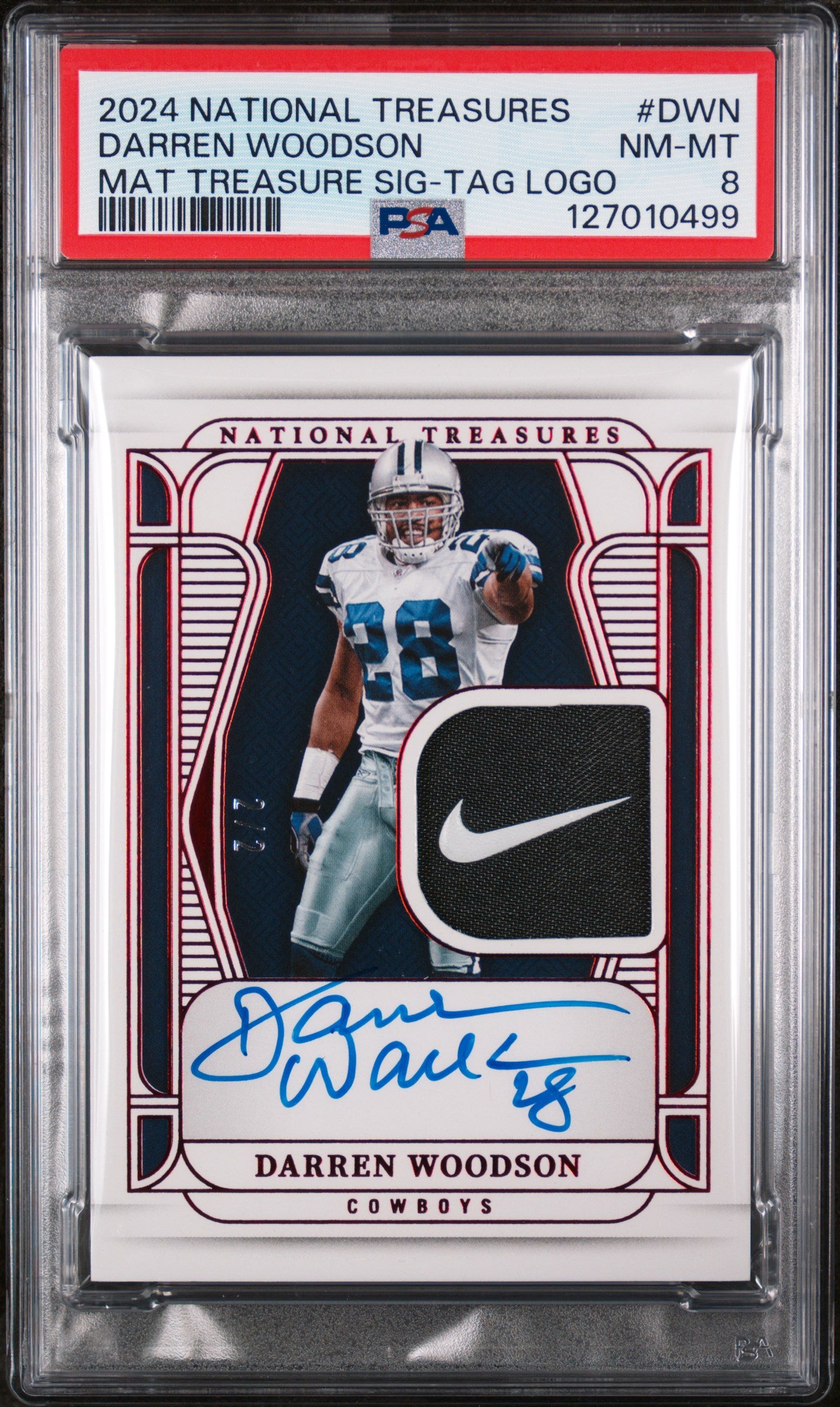 2024 Panini National Treasures Material Treasures Signatures Laundry Tag Brand Logo Darren Woodson #DWN 2/2 PSA 8