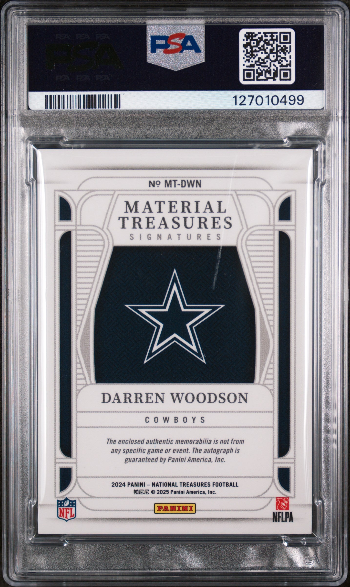2024 Panini National Treasures Material Treasures Signatures Laundry Tag Brand Logo Darren Woodson #DWN 2/2 PSA 8