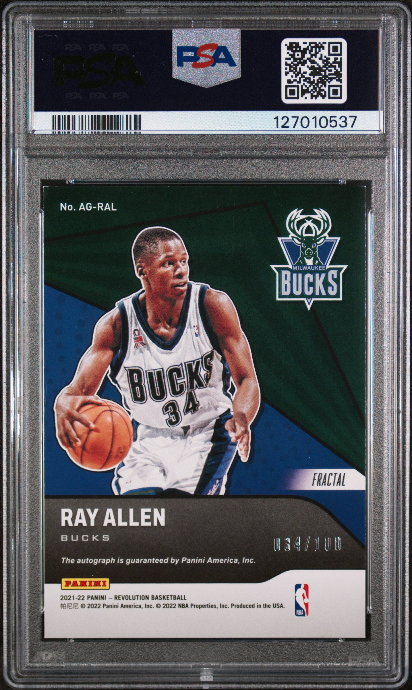 2021 Panini Revolution Autograph Fractal Ray Allen #2 /100 PSA 8