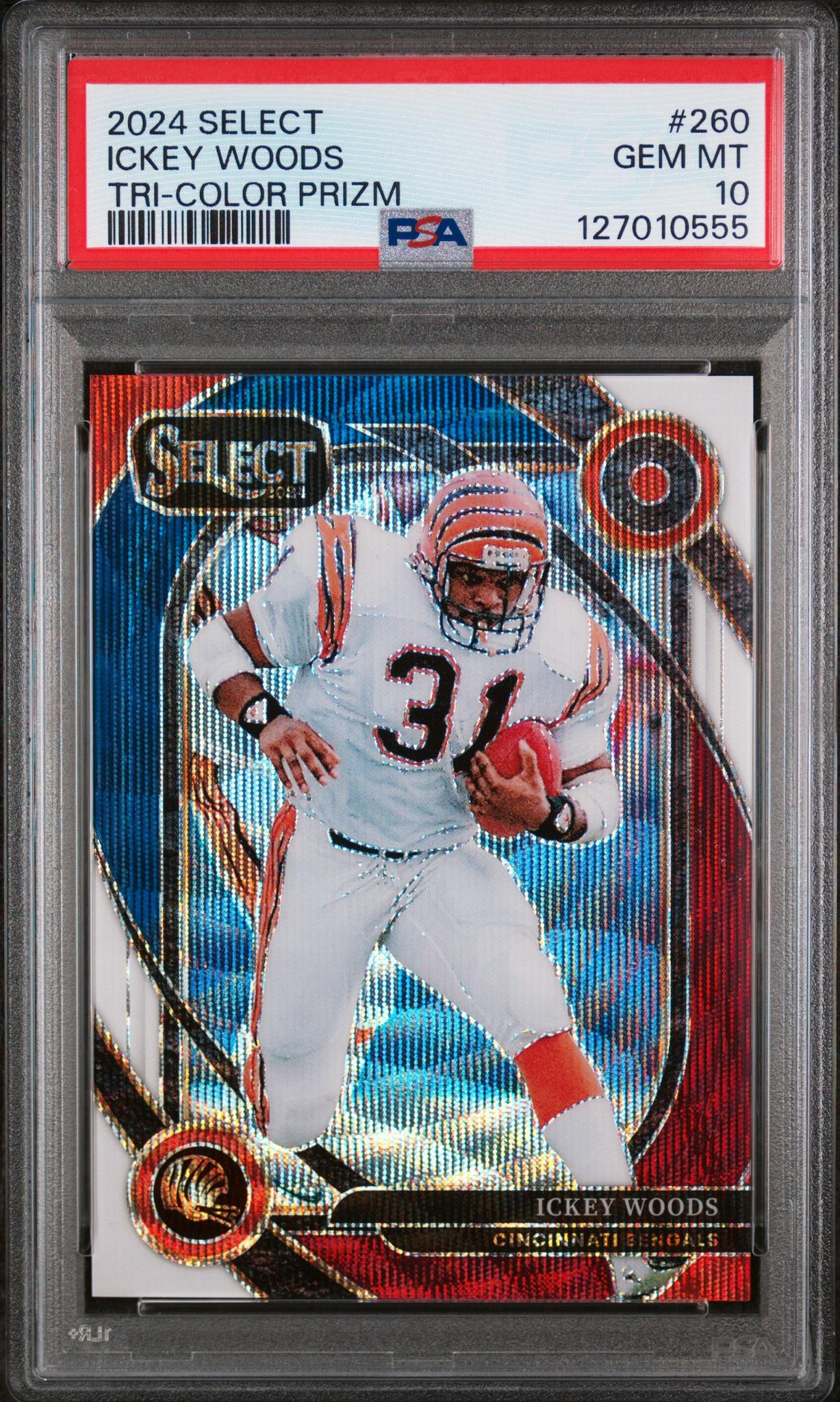2024 Panini Select Prizm Tri Color Ickey Woods #260 /149 PSA 10