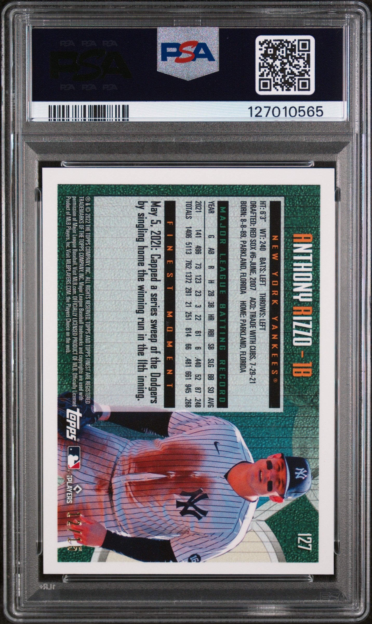 2022 Topps Finest Flashbacks Rose Gold Refractor Anthony Rizzo #127 PSA 10