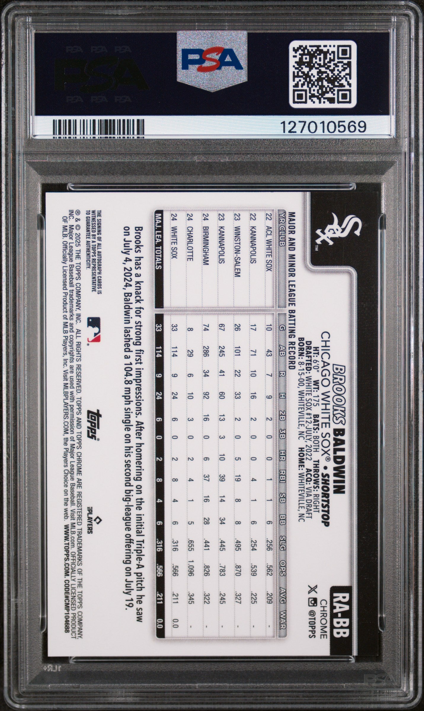 2025 Topps Chrome Rookie Autographs Aqua Wave Brooks Baldwin #RABB /199 PSA 9