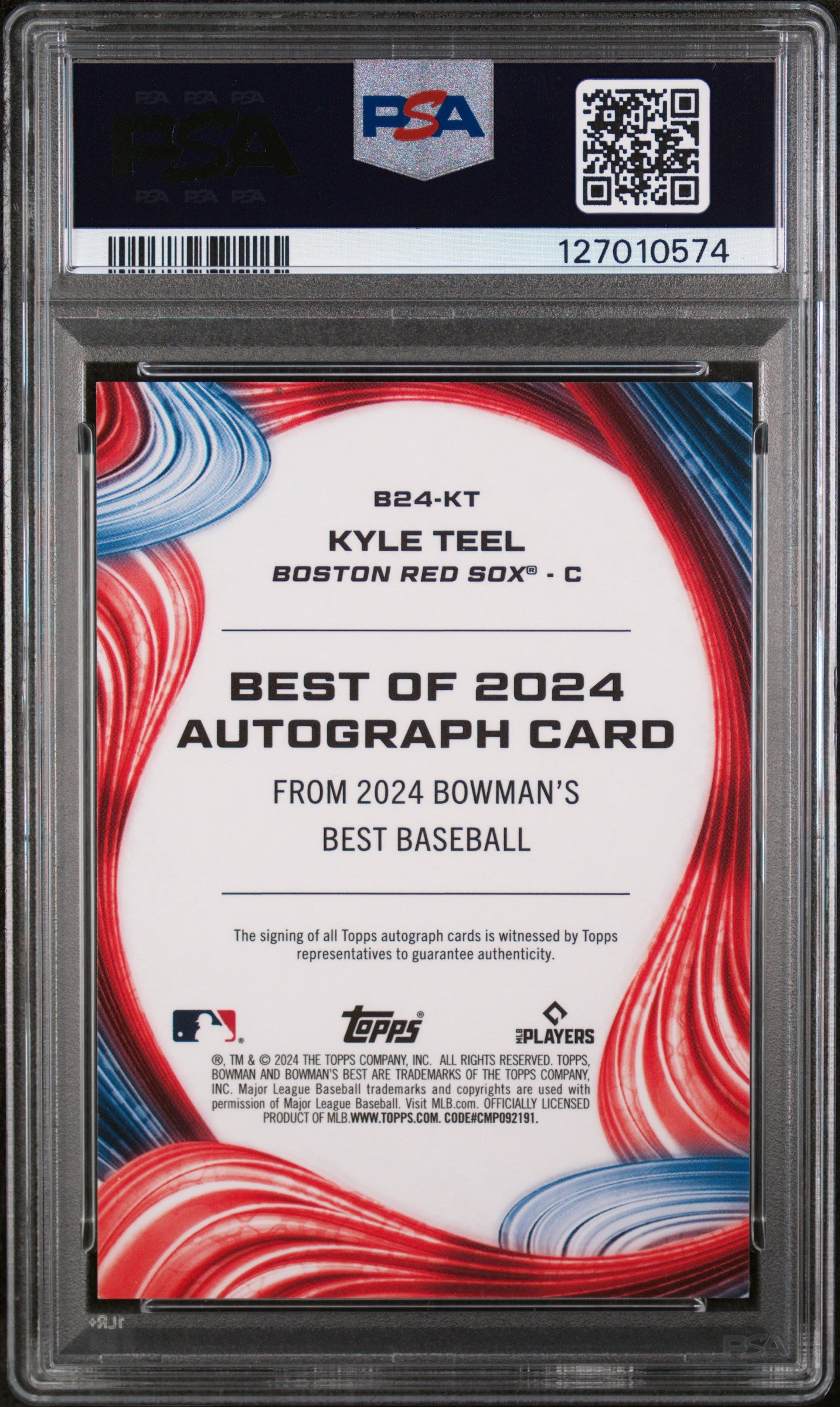 2024 Bowman's Best Best of 2024 Autographs Green Refractor Kyle Teel #B24KT /99 PSA 9