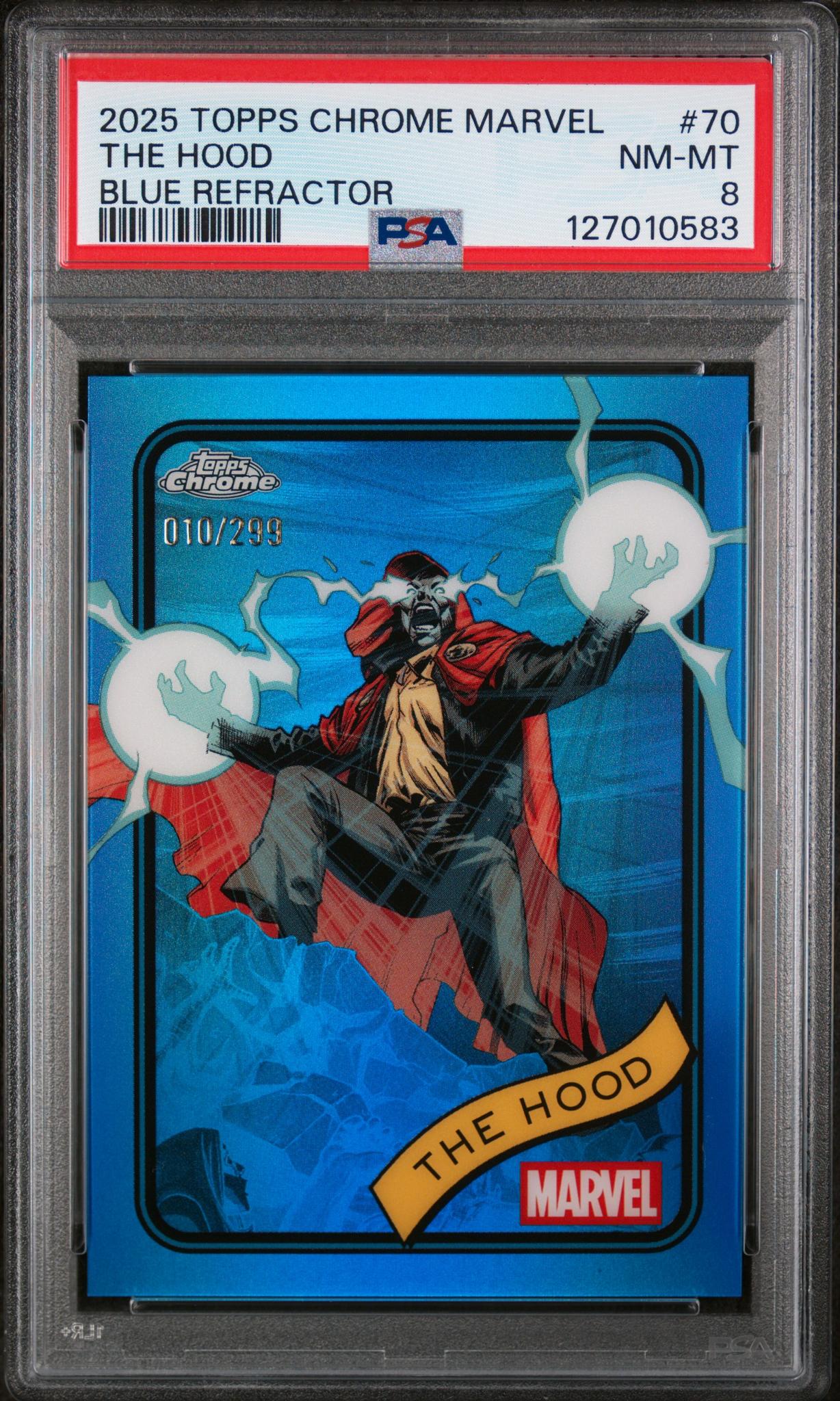 2025 Topps Chrome Marvel Blue Refractor the Hood #70 /299 PSA 8