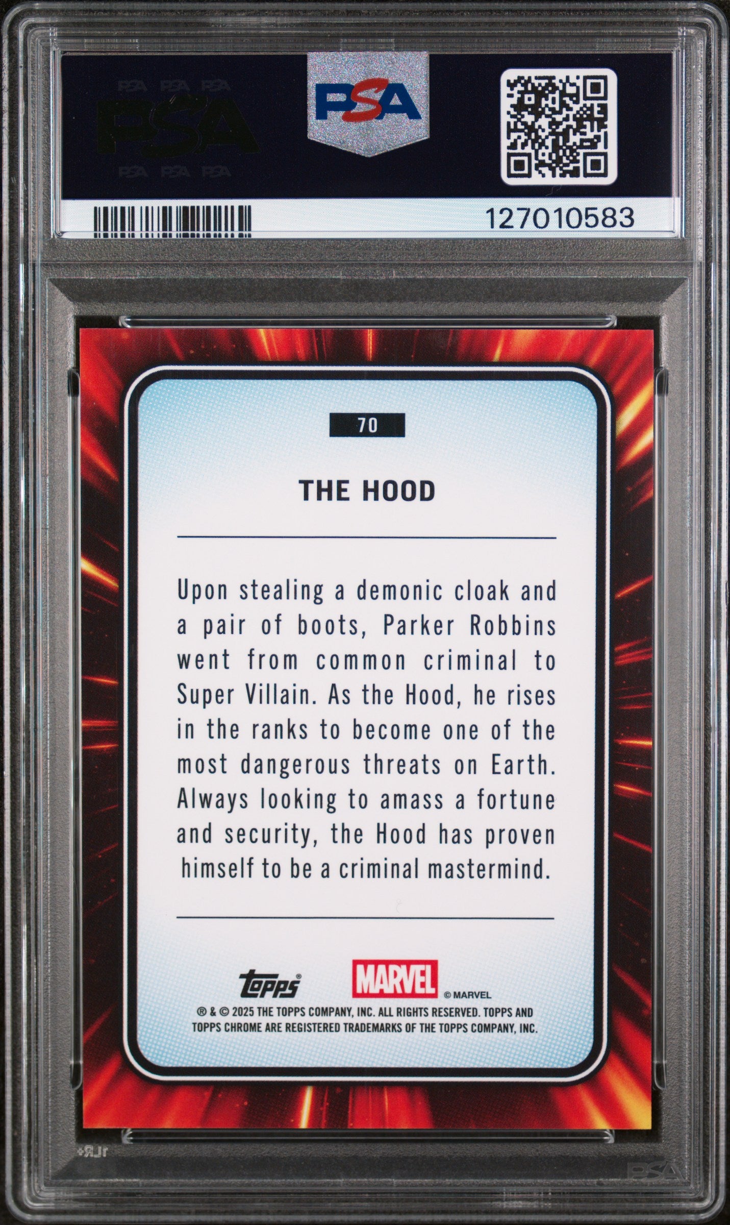 2025 Topps Chrome Marvel Blue Refractor the Hood #70 /299 PSA 8