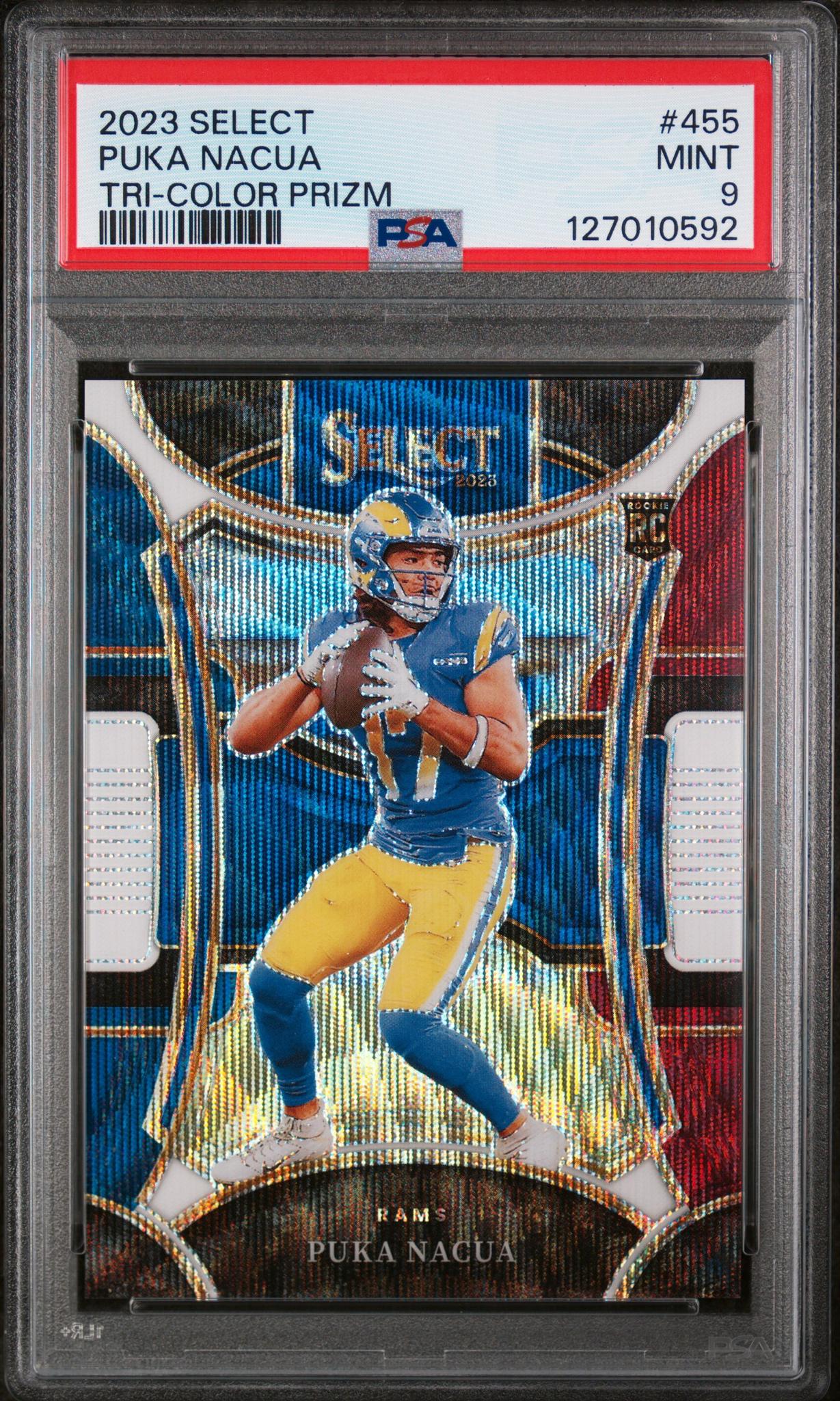 2023 Panini Select Suite Level Tri Color Prizm Puka Nacua #455 /149 PSA 9