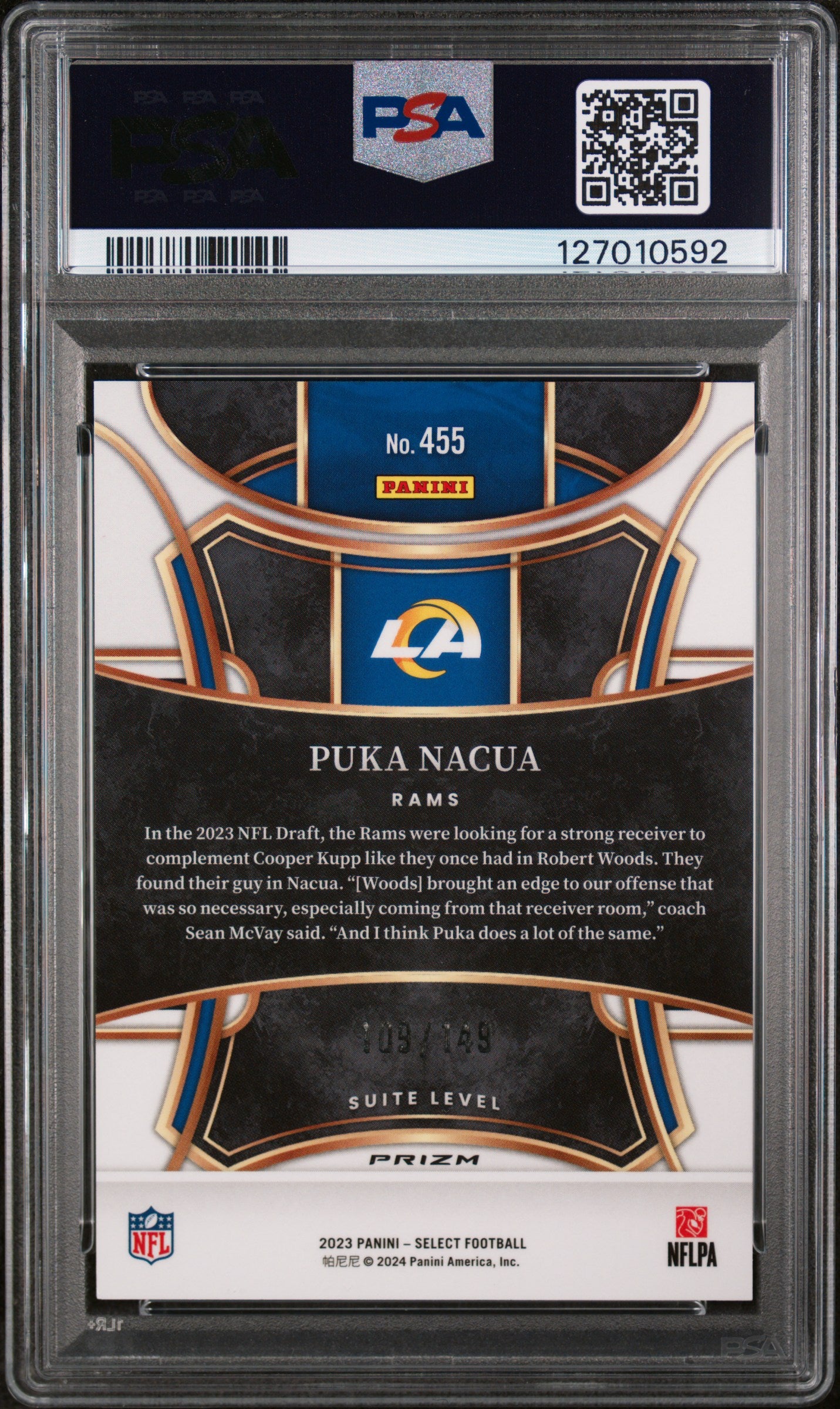 2023 Panini Select Suite Level Tri Color Prizm Puka Nacua #455 /149 PSA 9