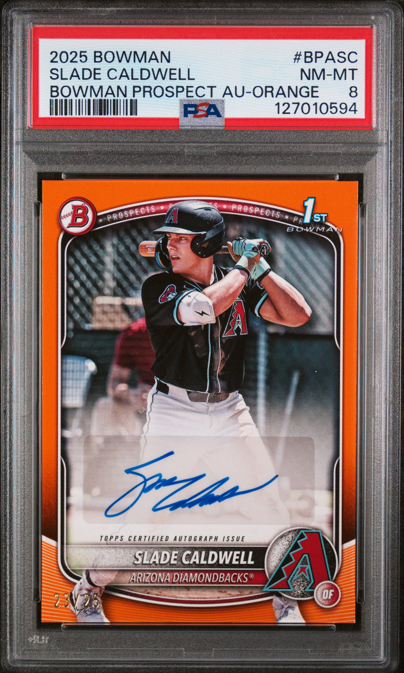 2025 Bowman Prospect Autographs Orange Border Slade Caldwell #BPASC /25 PSA 8
