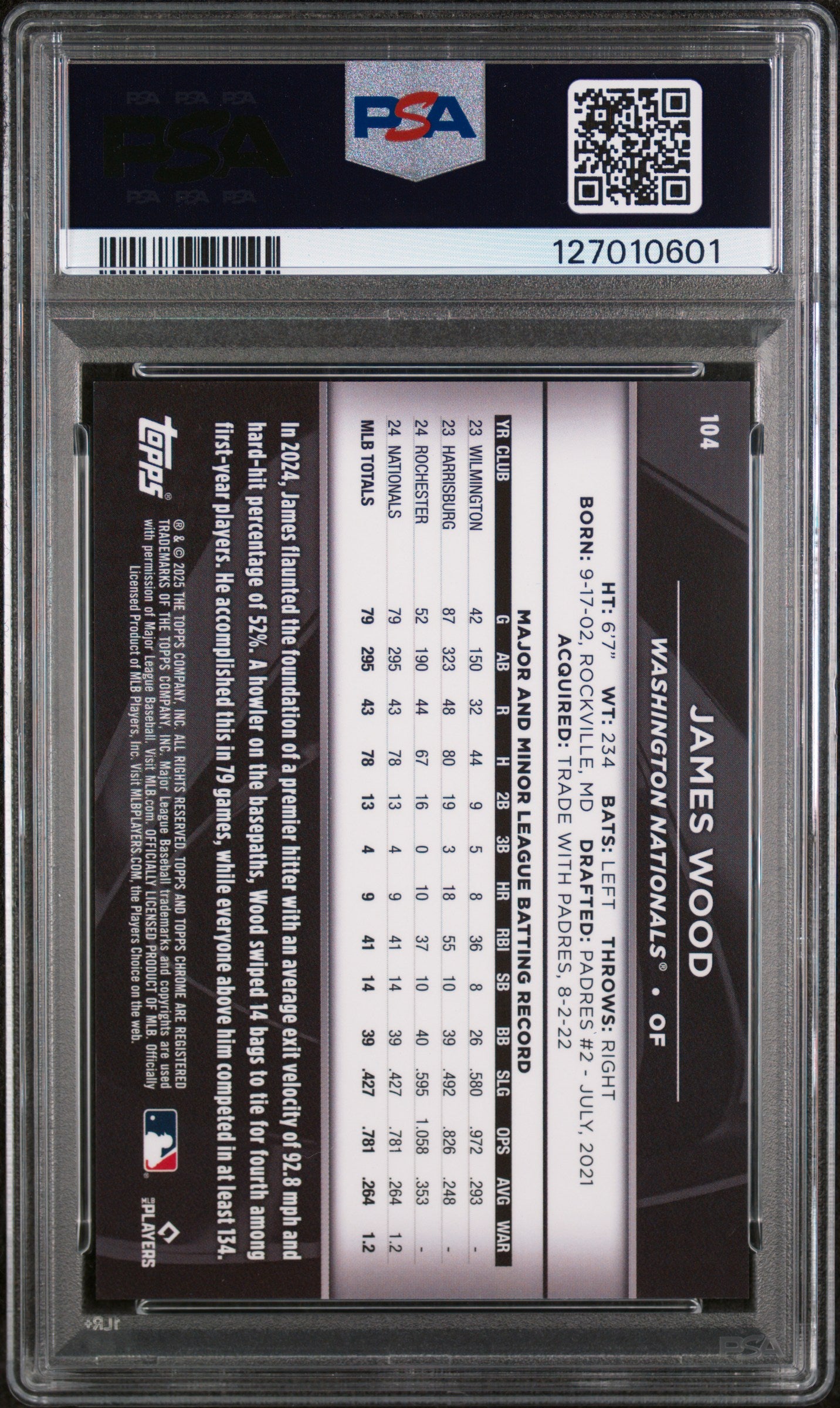 2025 Topps Chrome Black Green Refractor James Wood #104 /99 PSA 10