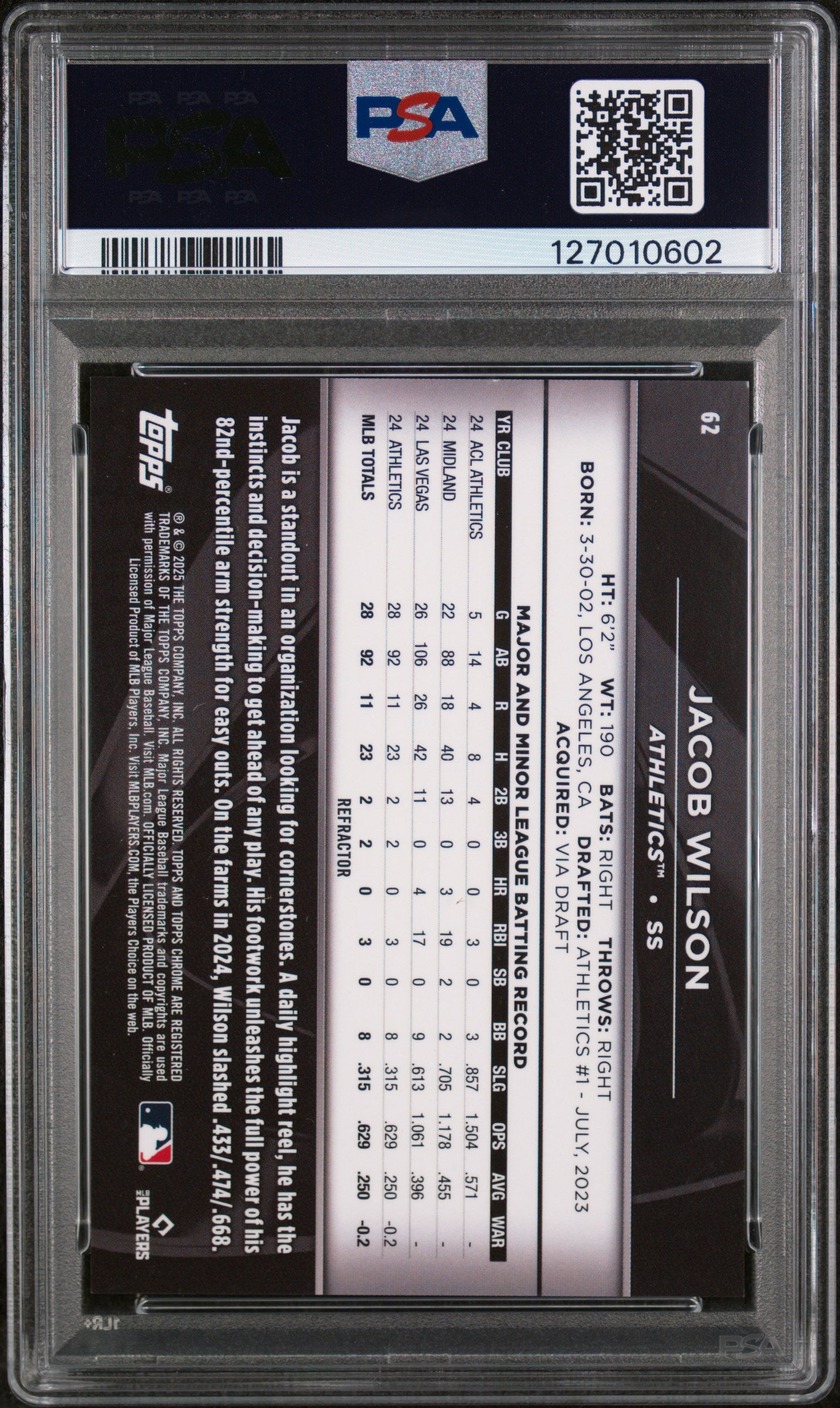 2025 Topps Chrome Black Refractor Jacob Wilson #62 /199 PSA 9