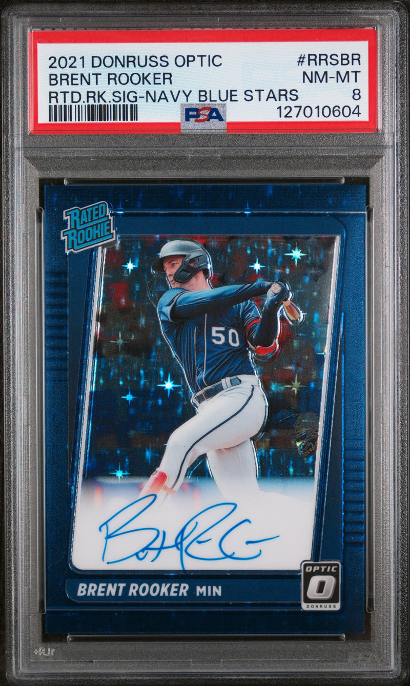 2021 Panini Donruss Optic Rated Rookie Signatures Rtd.Rk.Sig-Navy Blue Stars Brent Rooker #RRSBR /99 PSA 8
