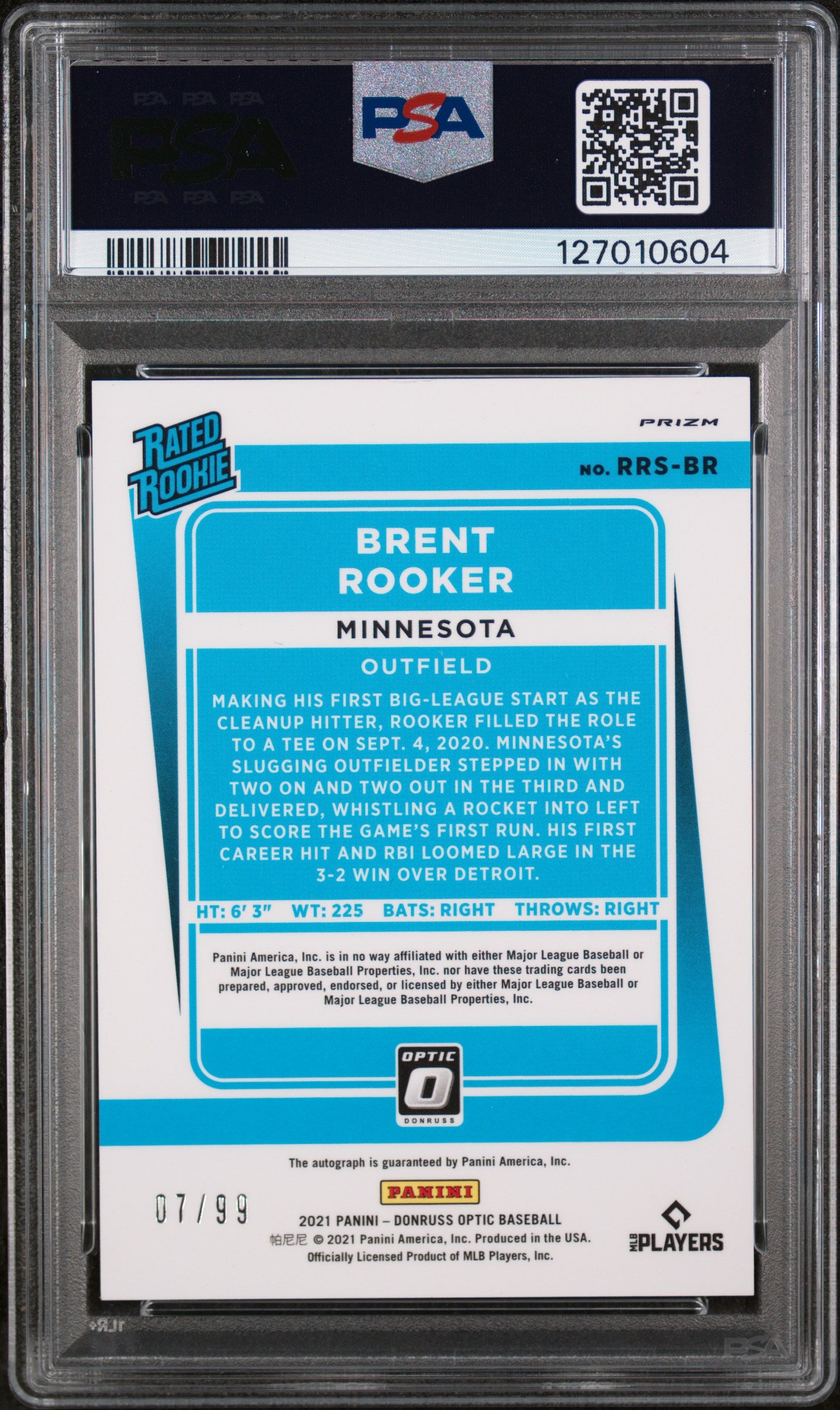2021 Panini Donruss Optic Rated Rookie Signatures Rtd.Rk.Sig-Navy Blue Stars Brent Rooker #RRSBR /99 PSA 8