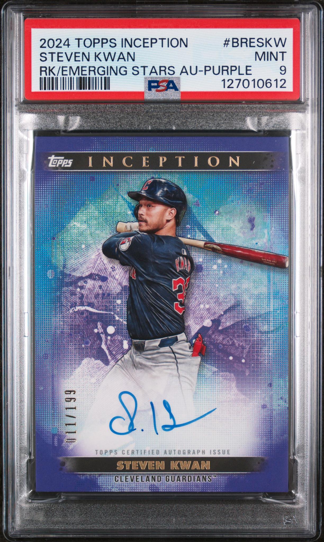 2024 Topps Inception Base Rookie and Emerging Star Autographs Purple Steven Kwan #BRESKW /199 PSA 9