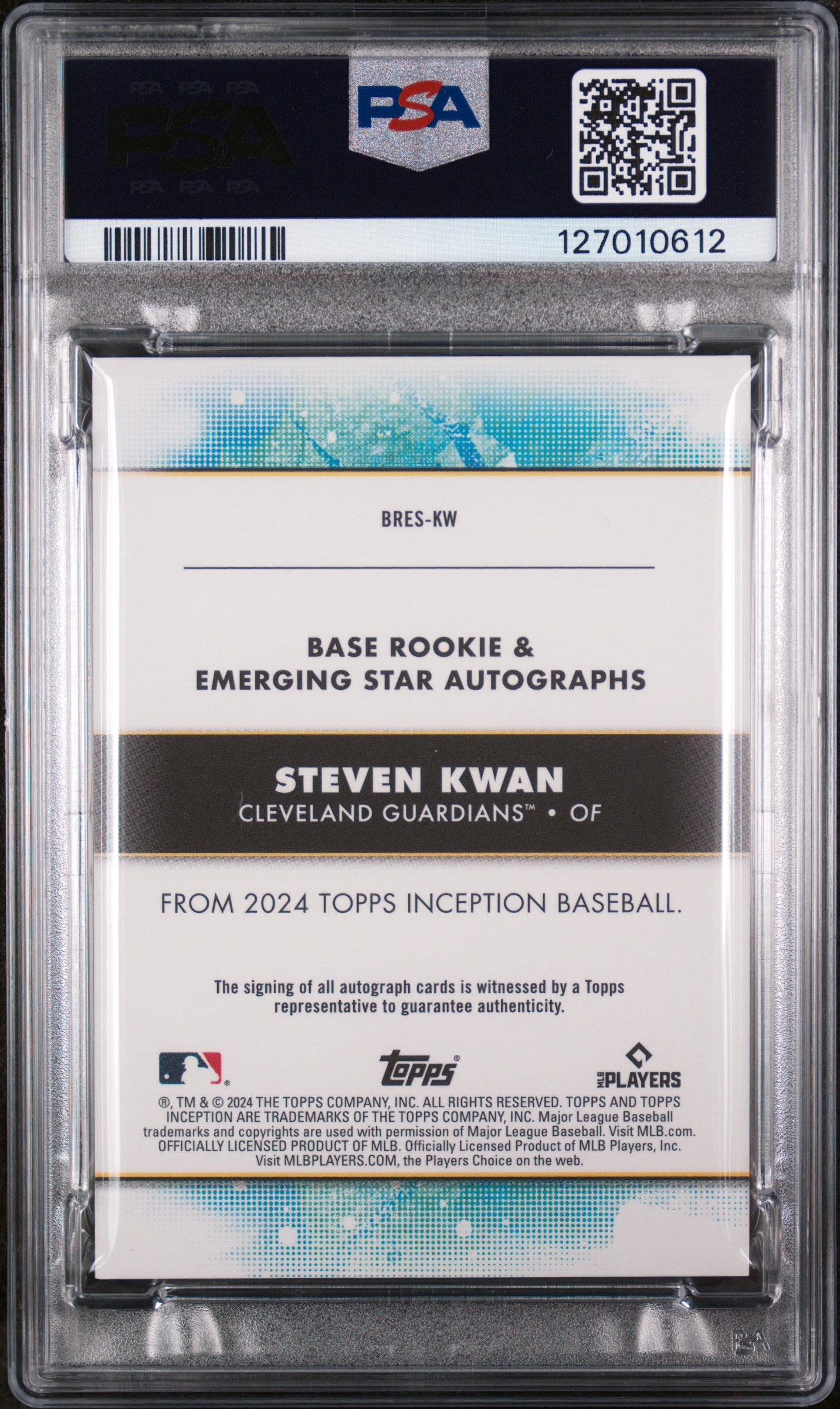 2024 Topps Inception Base Rookie and Emerging Star Autographs Purple Steven Kwan #BRESKW /199 PSA 9