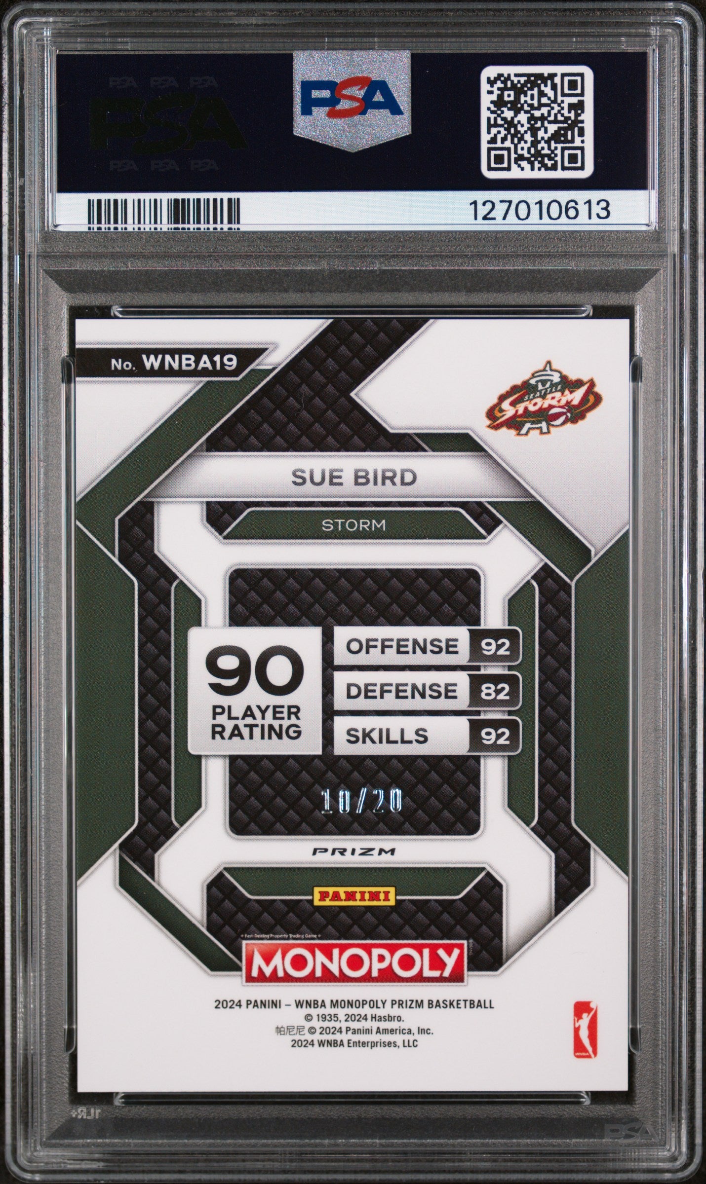 2024 Panini Prizm Monopoly WNBA Insert Green Millionaire Shimmer Sue Bird #19 /20 PSA 9