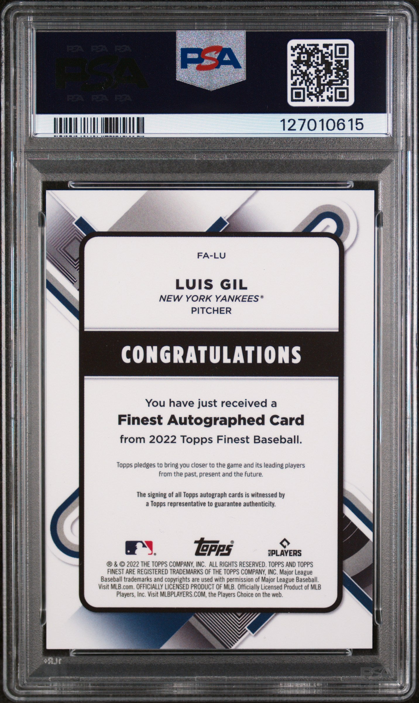 2022 Finest Autograph Luis Gil #FALU PSA 9