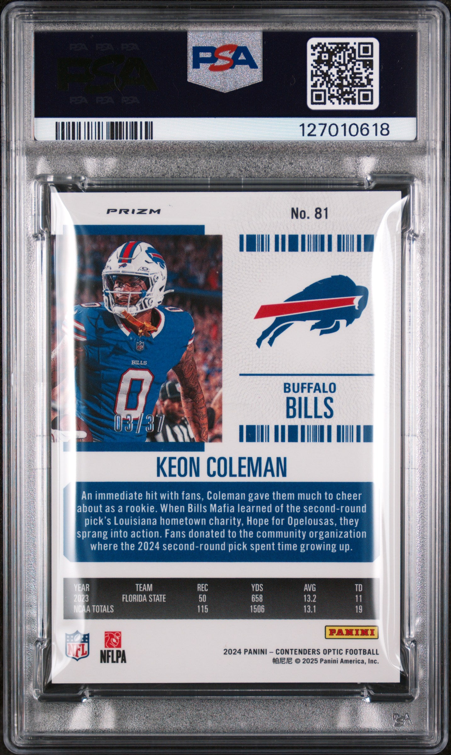 2024 Panini Contenders Optic Purple Pulsar Keon Coleman #81 /37 PSA 8