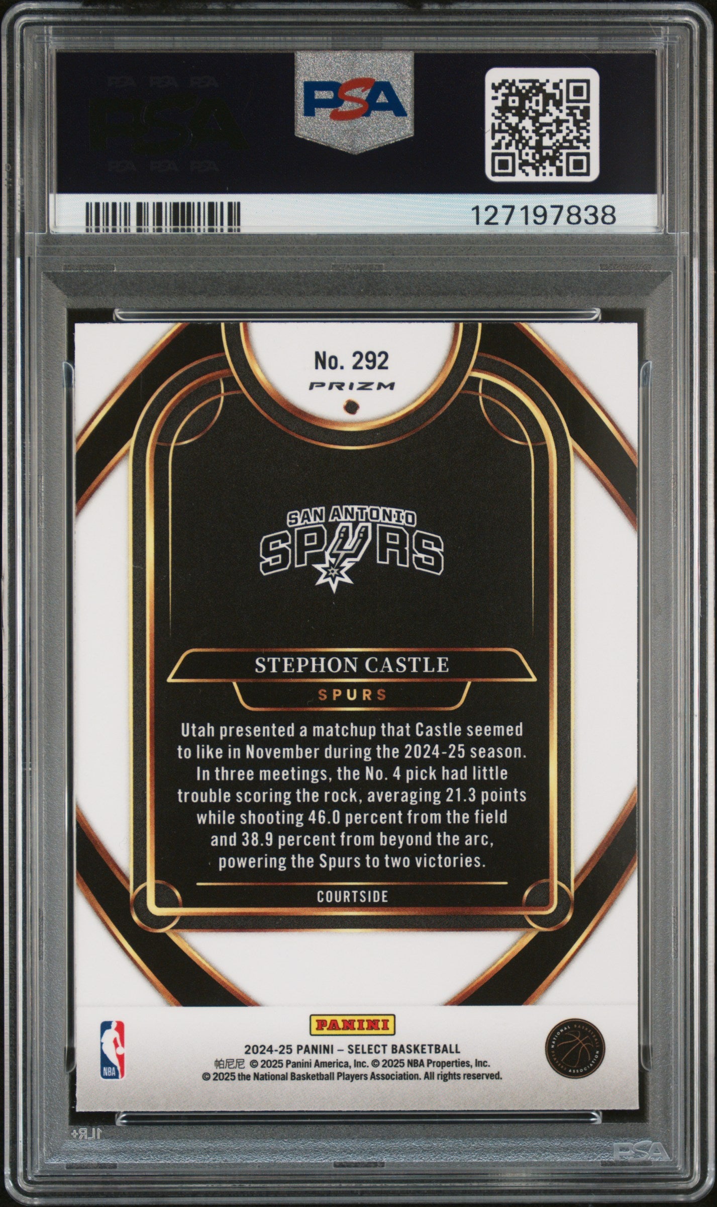 2024 Panini Select White Sparkle Stephon Castle #292 RC Courtside PSA 10