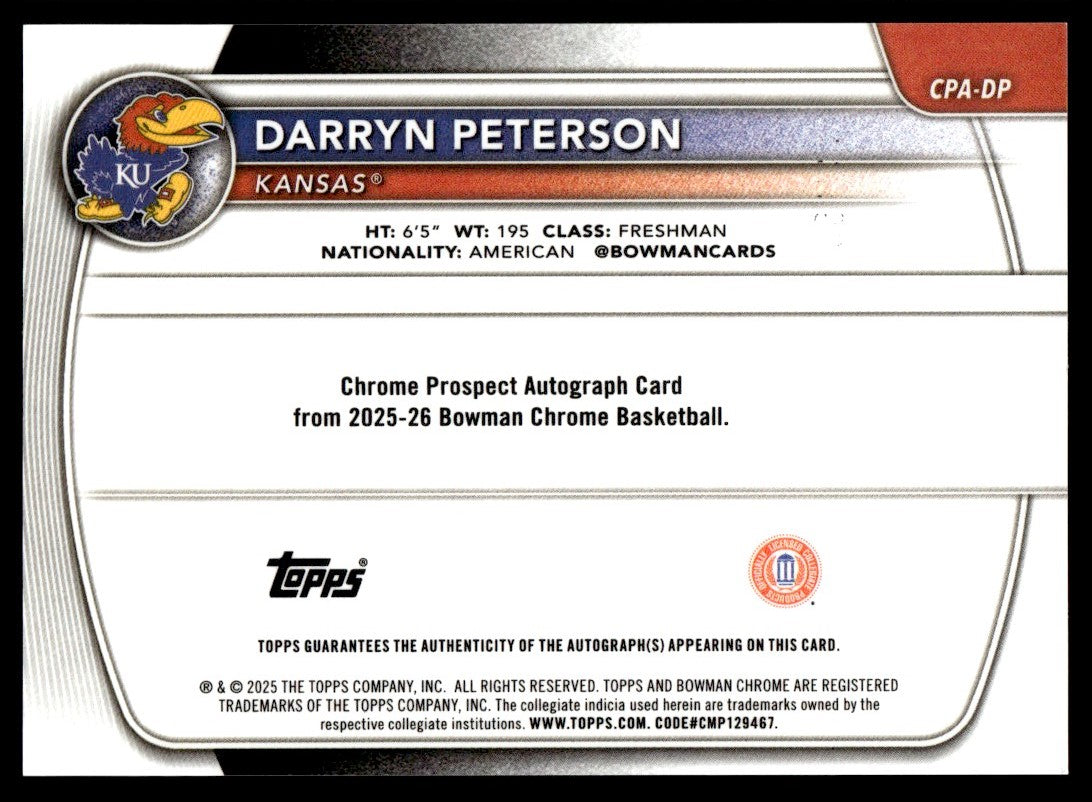 2025-26 Bowman Chrome U Darryn Peterson 1st Rookie RC Auto Blue X-Fractor /150
