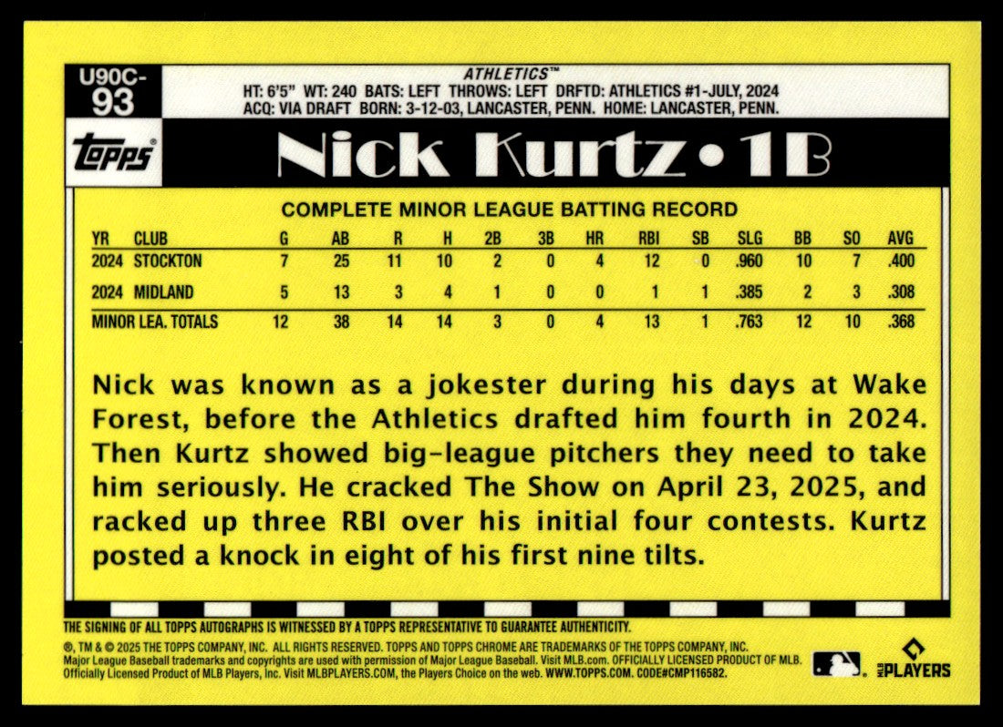 2025 Topps Chrome Update 1990 Silver Pack Nick Kurtz Rookie RC Mojo Auto /199