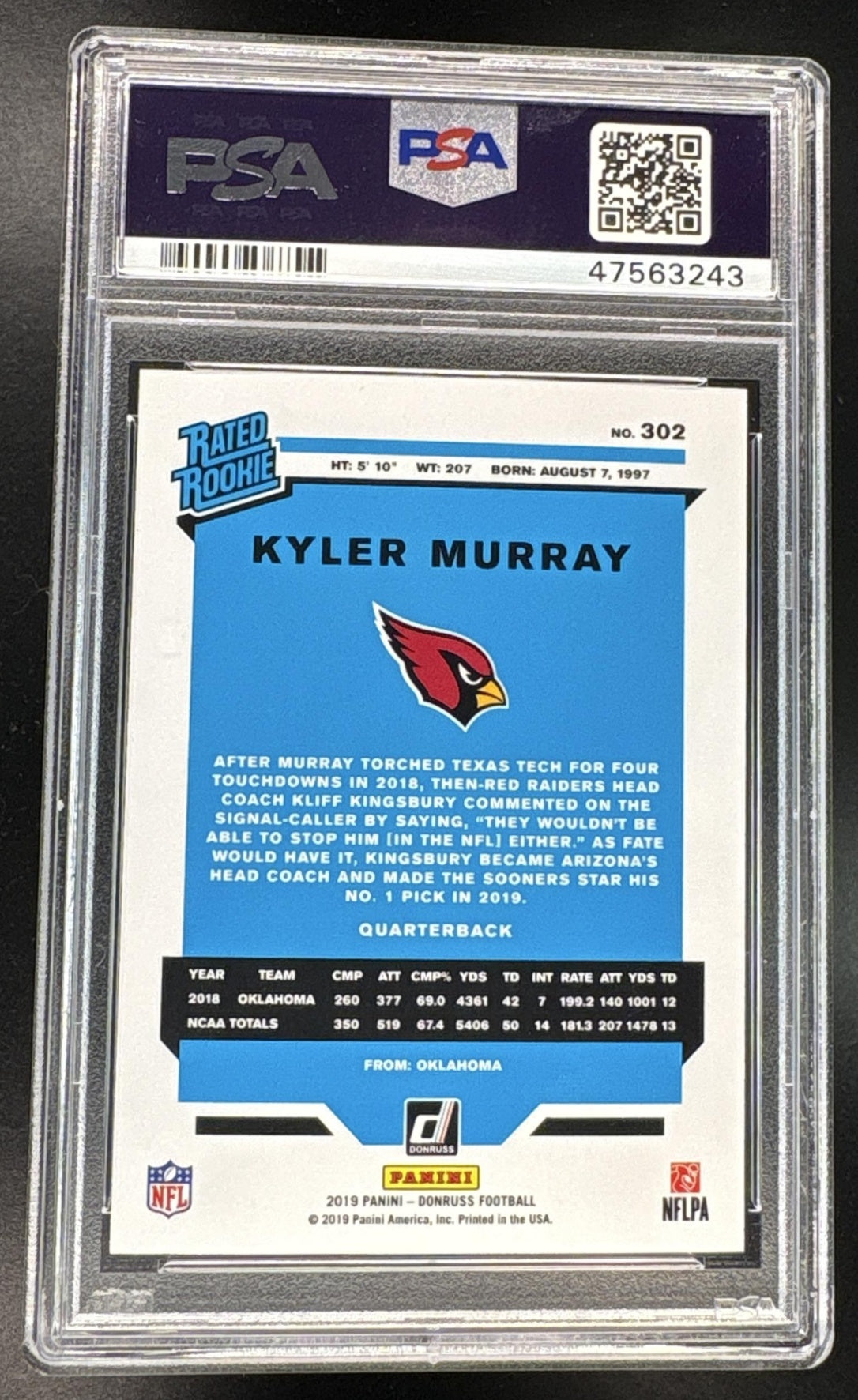 2019 Panini Donruss Rated Rookie Kyler Murray #302 PSA 10