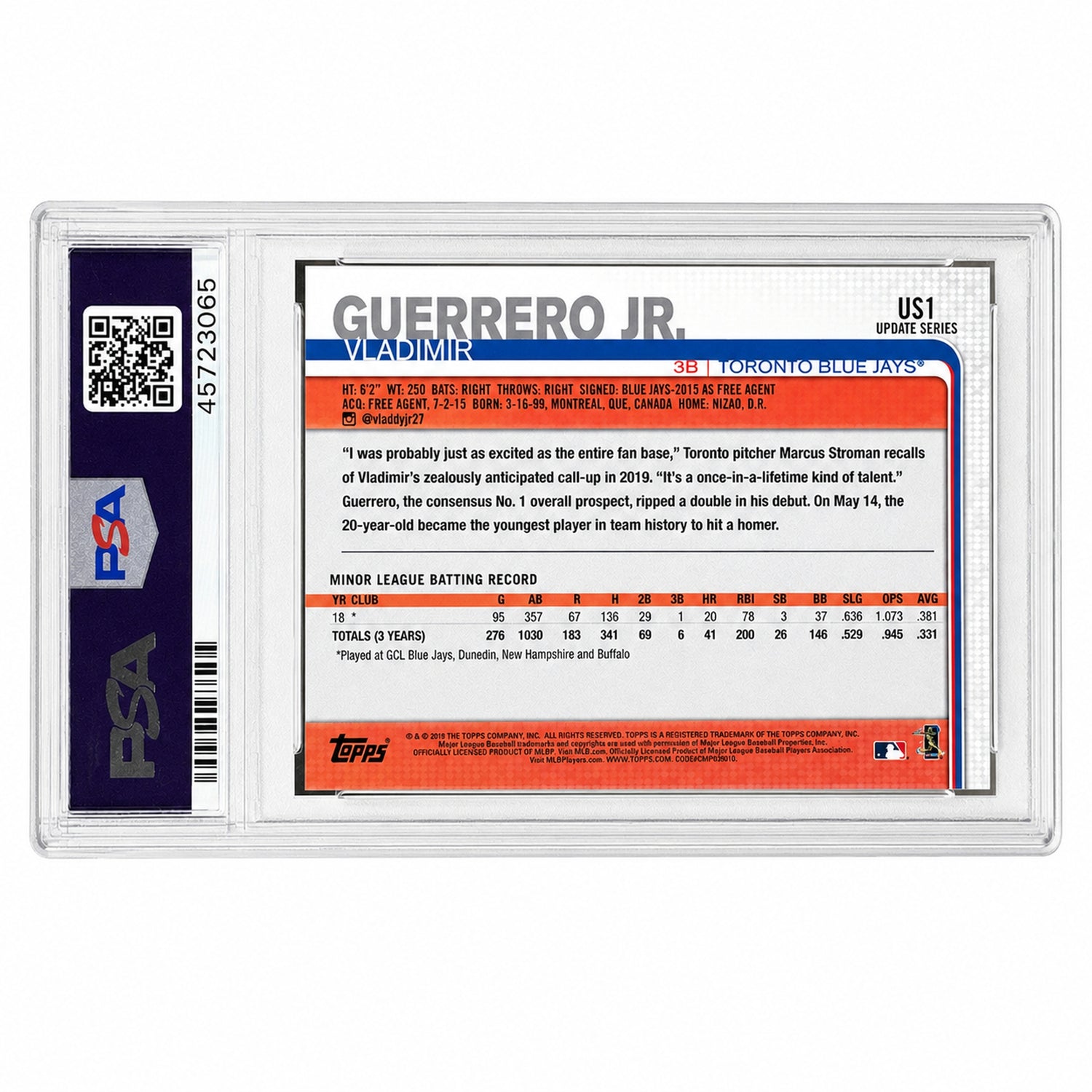 2019 Topps Update Throwing Vladimir Guerrero Jr. #US1 PSA 10