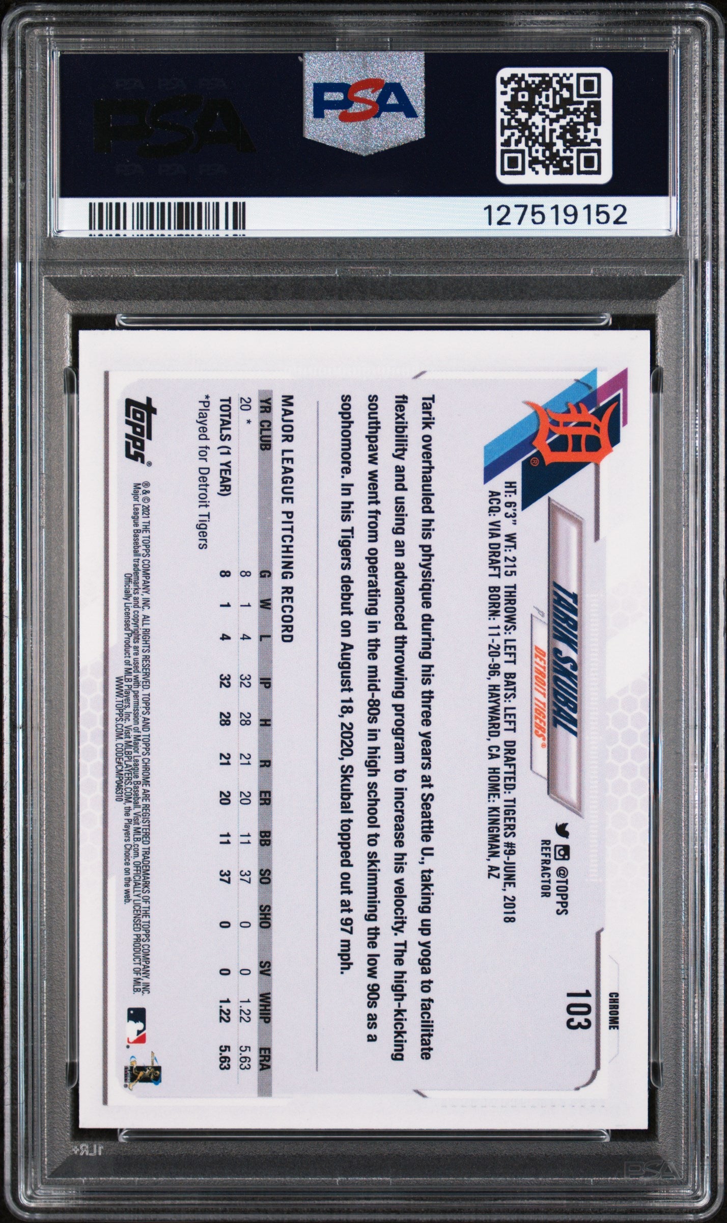 2021 Topps Chrome Refractor Tarik Skubal #103 PSA 10