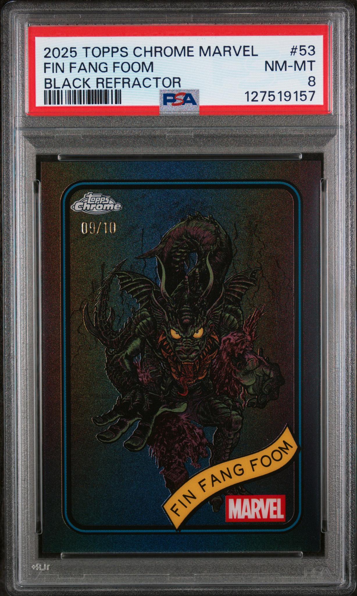 2025 Topps Chrome Marvel Black Refractor Fin Fang Foom #53 /10 PSA 8