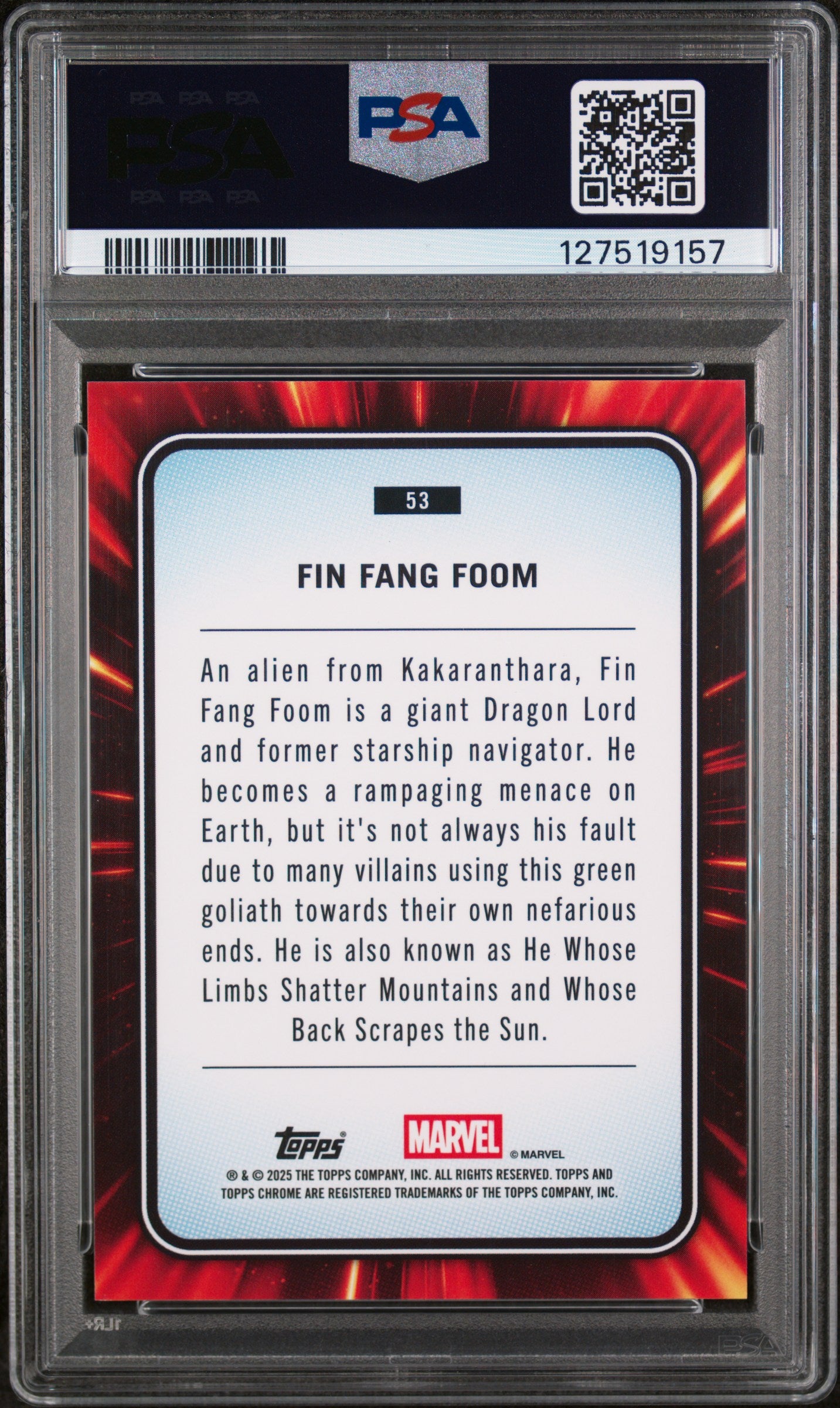 2025 Topps Chrome Marvel Black Refractor Fin Fang Foom #53 /10 PSA 8