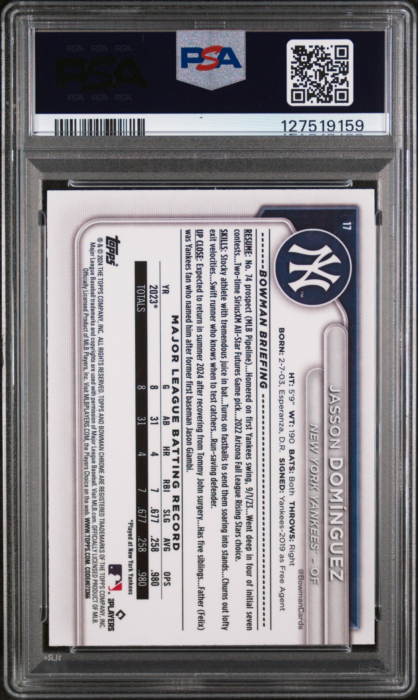 2024 Bowman Mega Box Chrome Yellow Refractor Jasson Dominguez #17 PSA 9