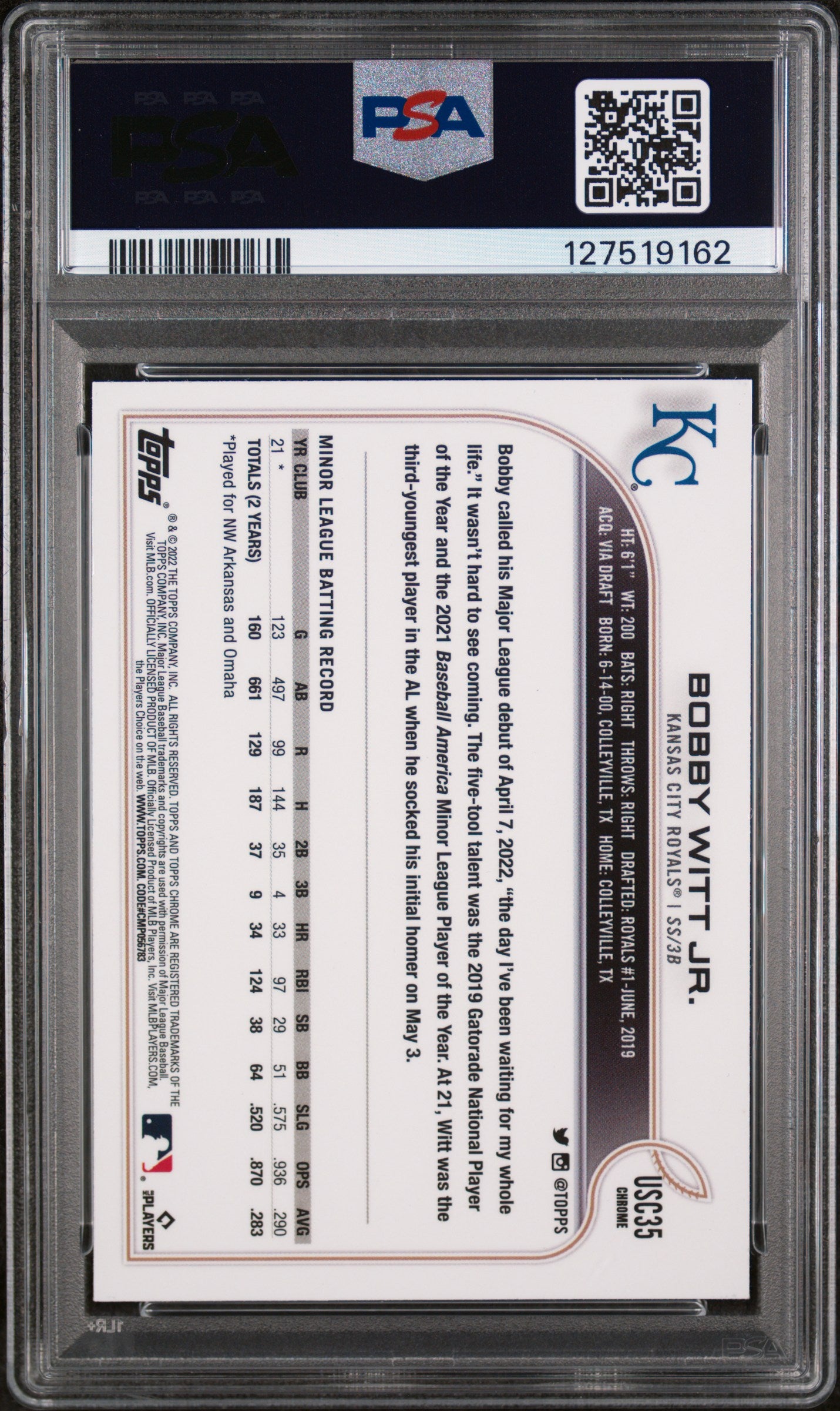 2022 Topps Chrome Update Purple Refractor Bobby Witt Jr. #USC35 /250 PSA 9