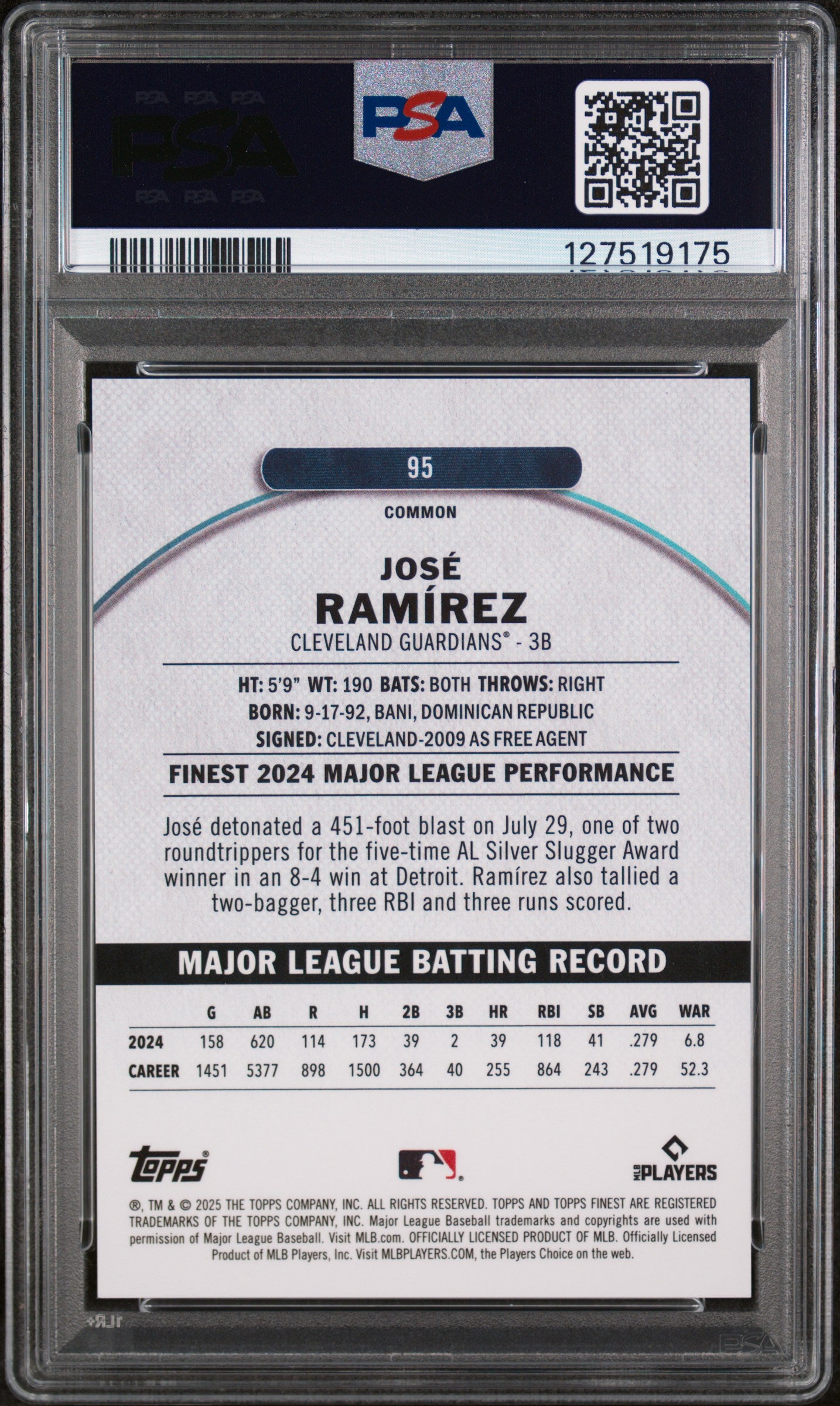 2025 Topps Finest Pearl Checkerboard Jose Ramirez #95 /60 PSA 9