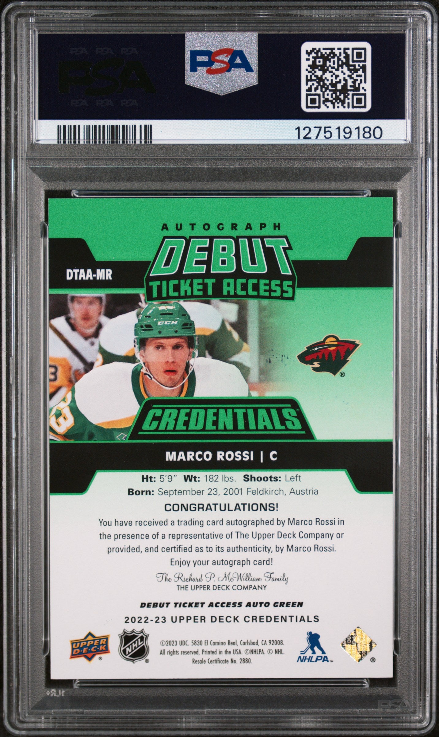 2022 Upper Deck Credentials Debut Ticket Access Autographs Green Marco Rossi #DTAAMR PSA 9