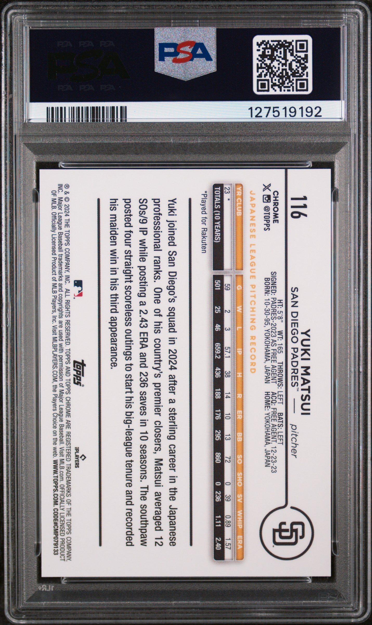 2024 Topps Chrome Logofractor Edition Black Refractor Yuki Matsui #116 /10 PSA 9