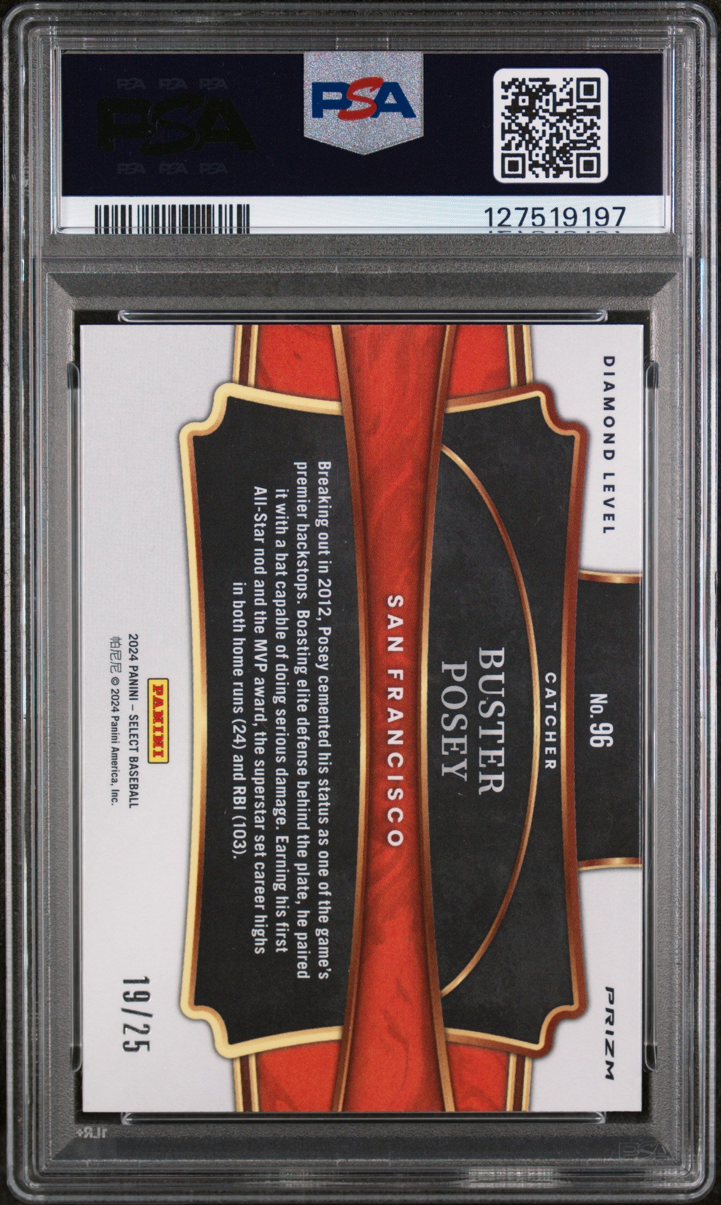 2024 Panini Select Diamond Level Tie-Dye Prizm Buster Posey #96 /25 PSA 9