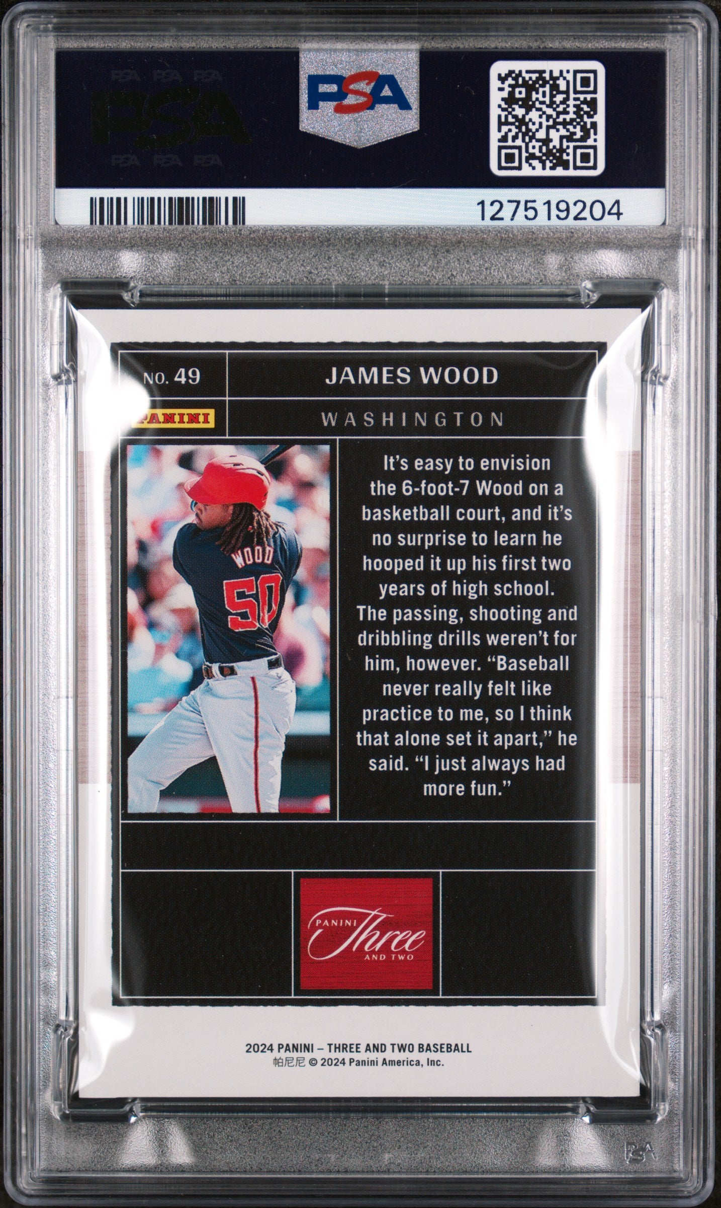 2024 Panini Three and Two Holo Blue James Wood #49 /15 PSA 8