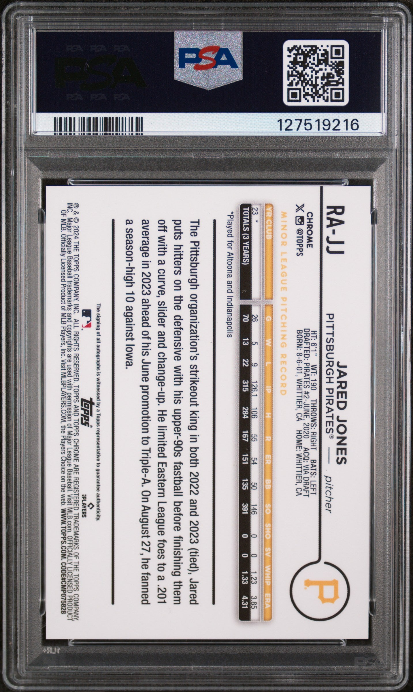 2024 Topps Chrome Update Chrome Baseball Update Series Autographs Jared Jones #RAJJ PSA 9
