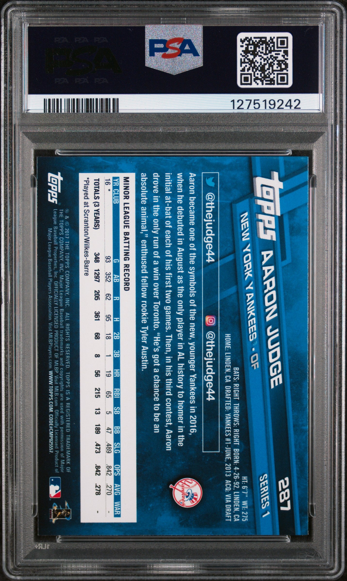 2017 Topps Leaning On Railing Aaron Judge #287C PSA 10