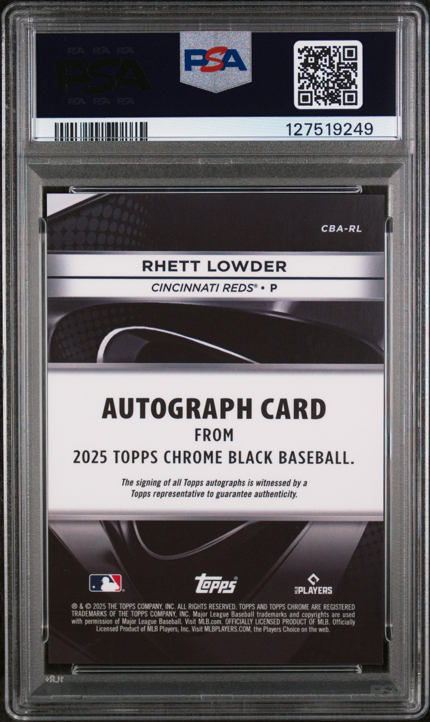 2025 Topps Chrome Black Autographs Blue Refractor Rhett Lowder #RL /150 PSA 10