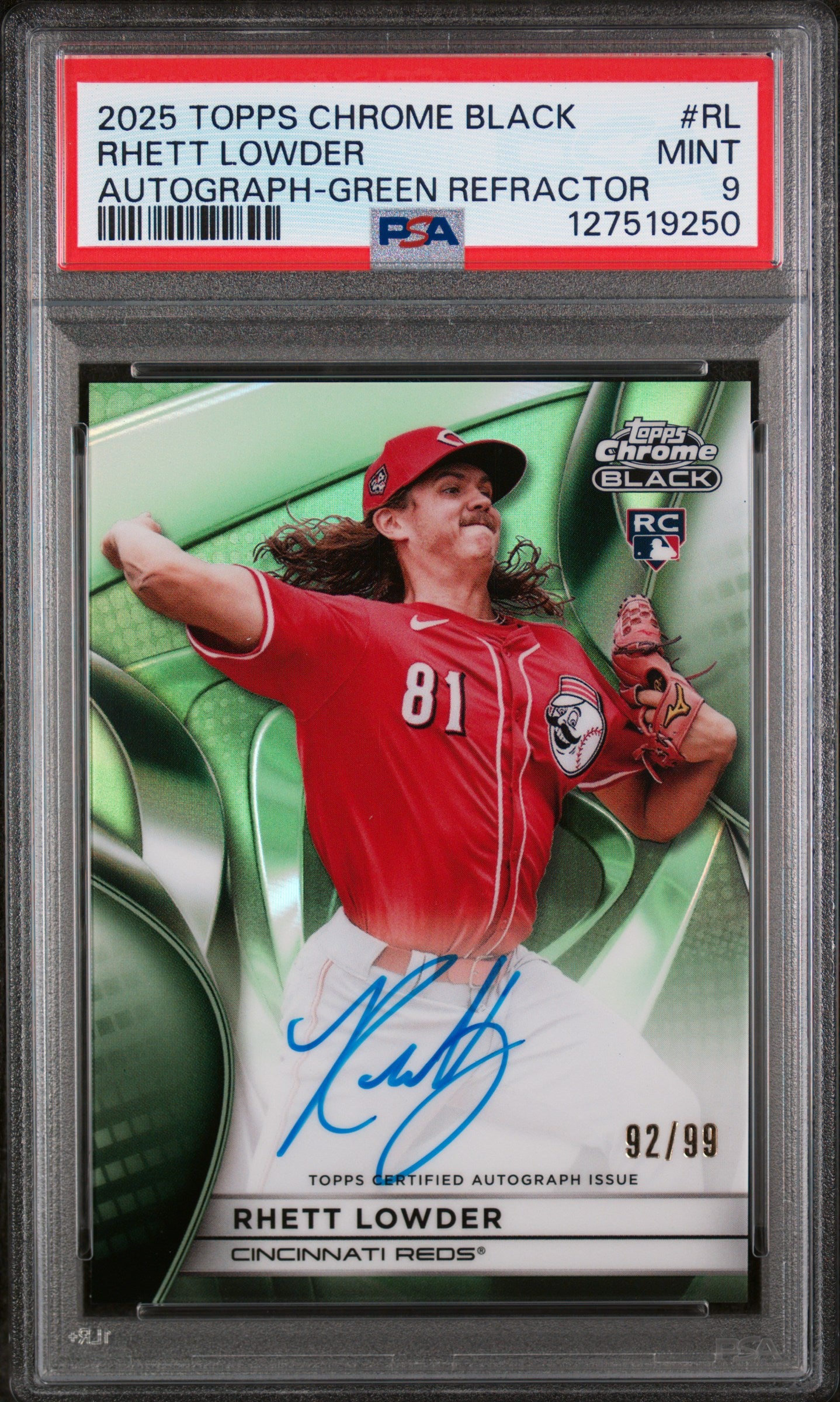 2025 Topps Chrome Black Autographs Green Refractor Rhett Lowder #RL /99 PSA 9