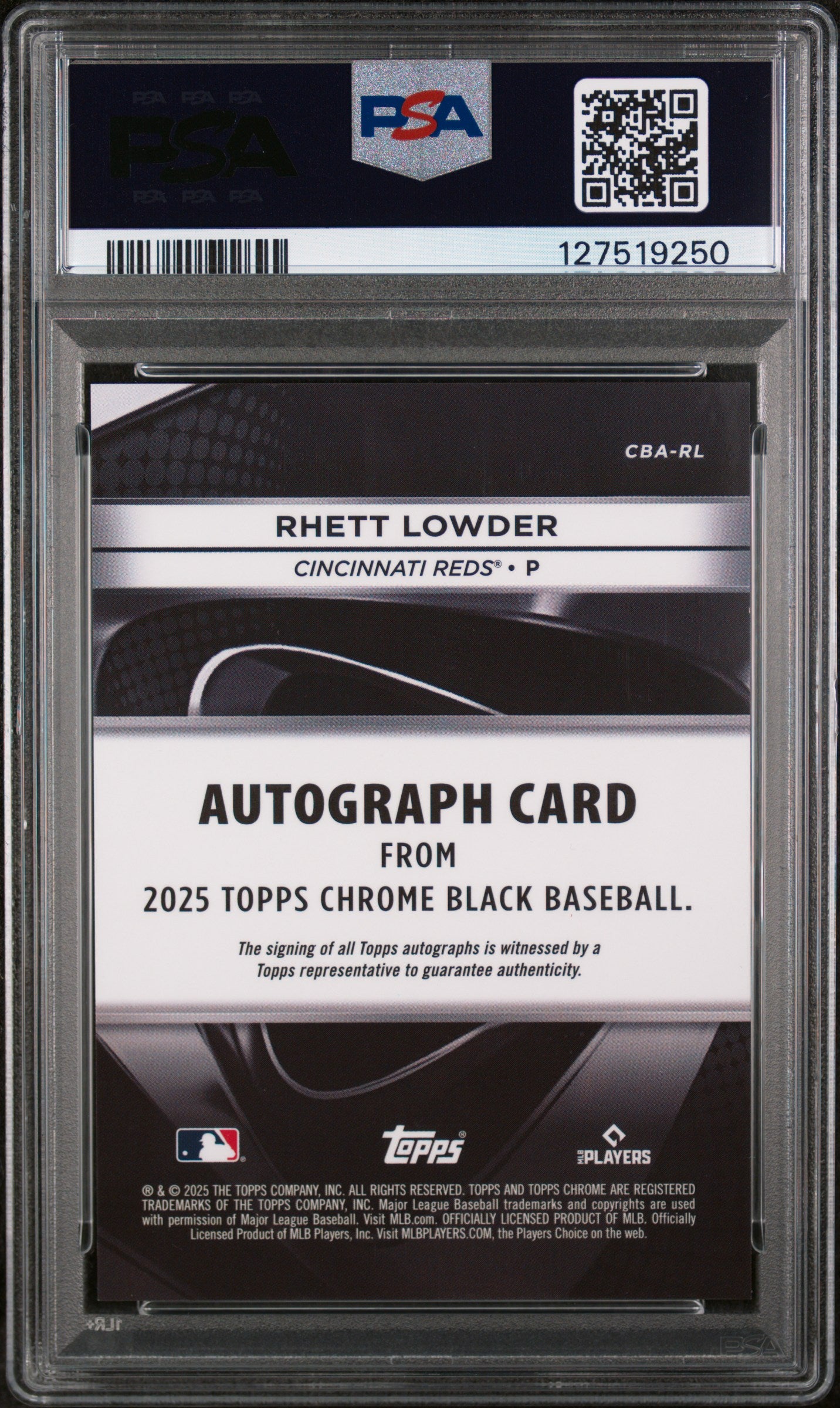 2025 Topps Chrome Black Autographs Green Refractor Rhett Lowder #RL /99 PSA 9