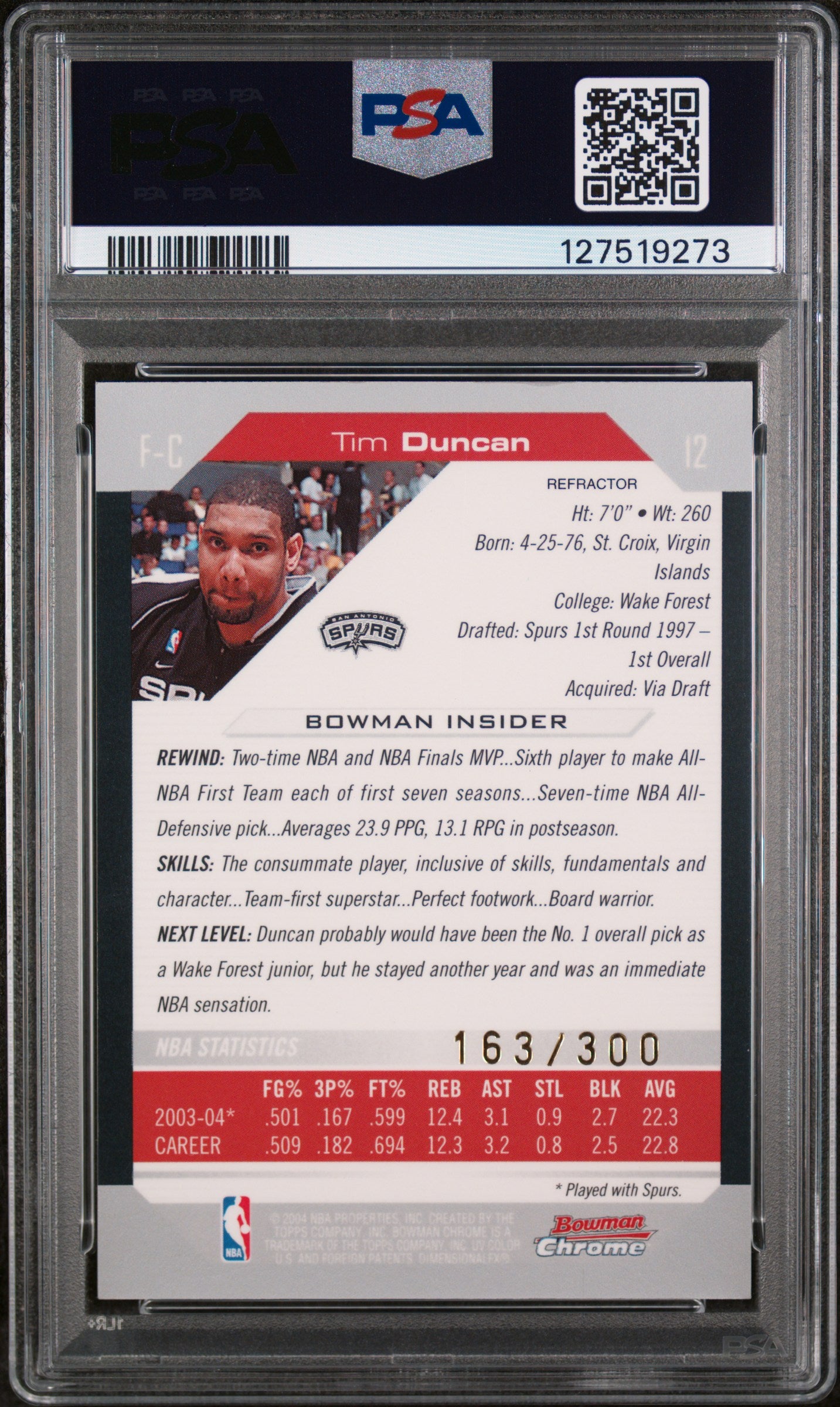 2004 Bowman Chrome Refractor Tim Duncan #12 /300 PSA 8