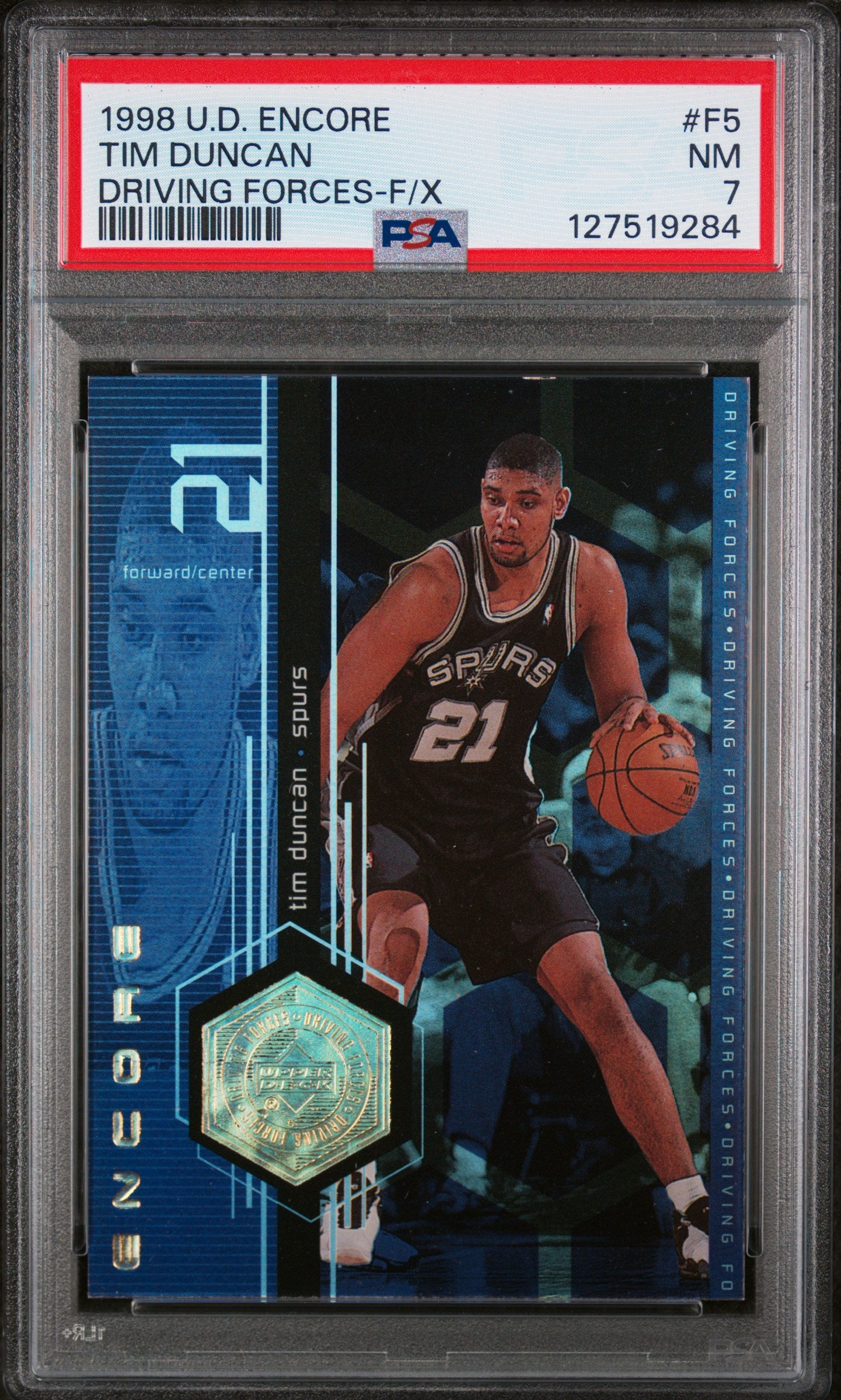 1998 Upper Deck Encore Driving Forces F/X Tim Duncan #F5 /500 PSA 7