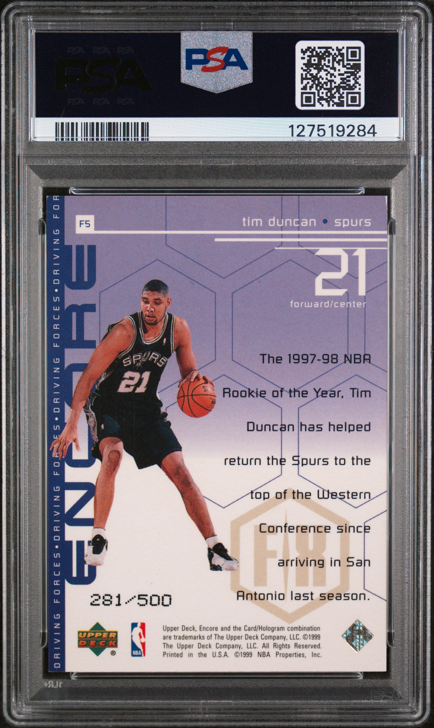 1998 Upper Deck Encore Driving Forces F/X Tim Duncan #F5 /500 PSA 7