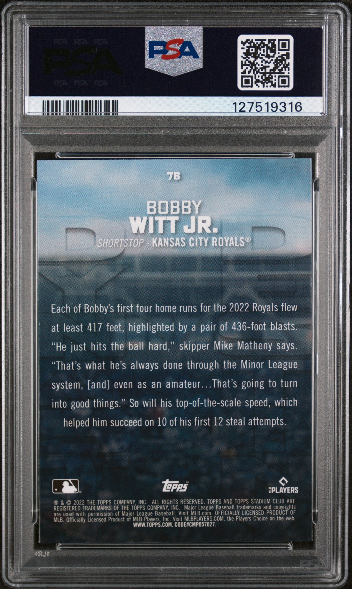 2022 Stadium Club Chrome Dynasty and Destiny Bobby Witt Jr. #7B PSA 10