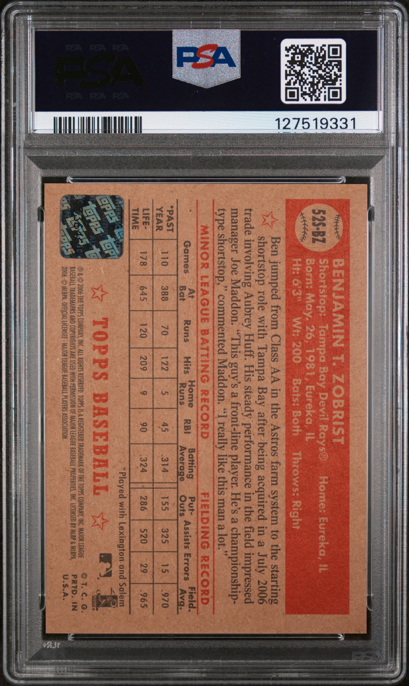 2006 Topps '52 Signatures Ben Zobrist #52SBZ PSA 8