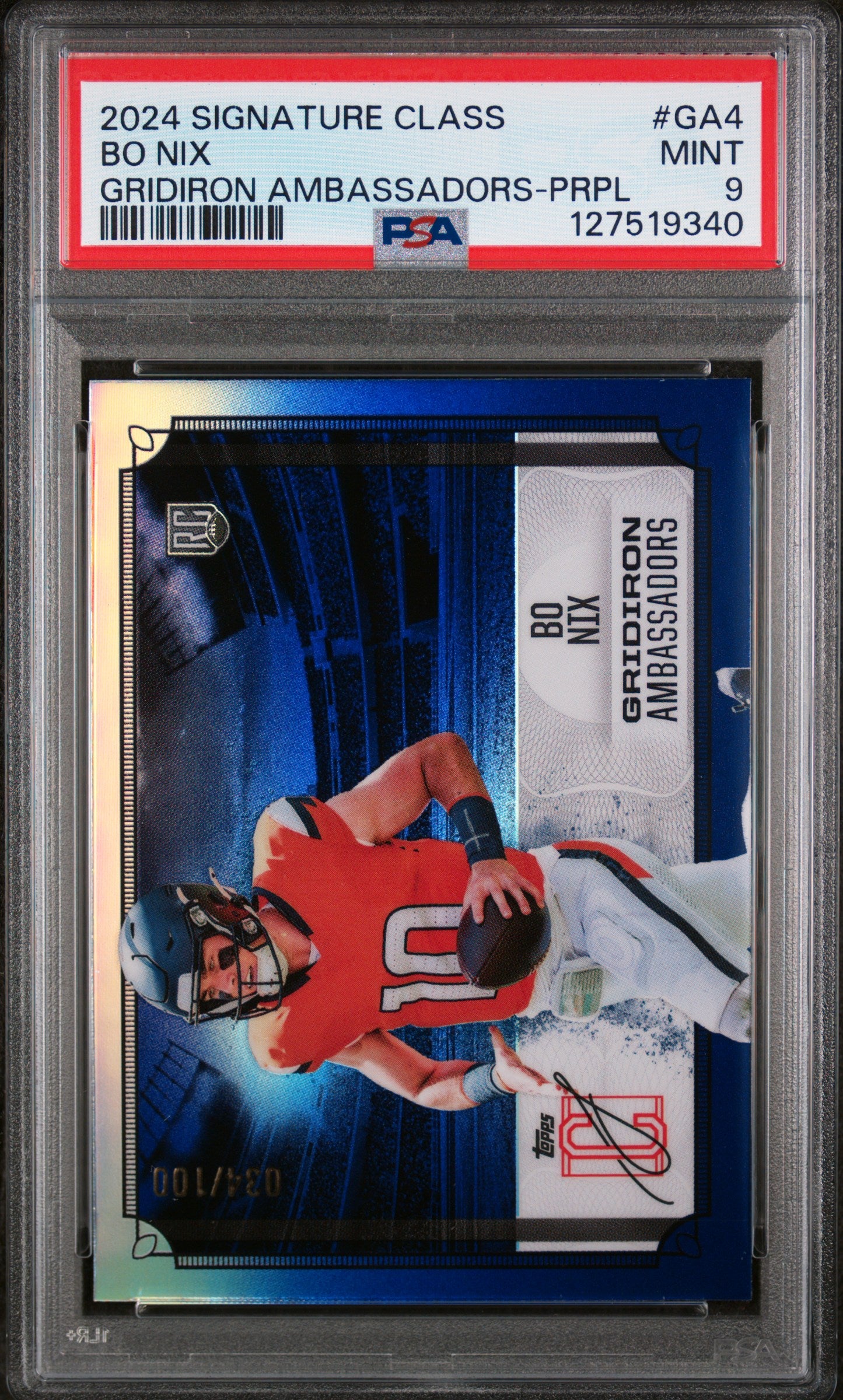 2024 Topps Signature Class Gridiron Ambassadors Purple Bo Nix #GA4 /100 PSA 9